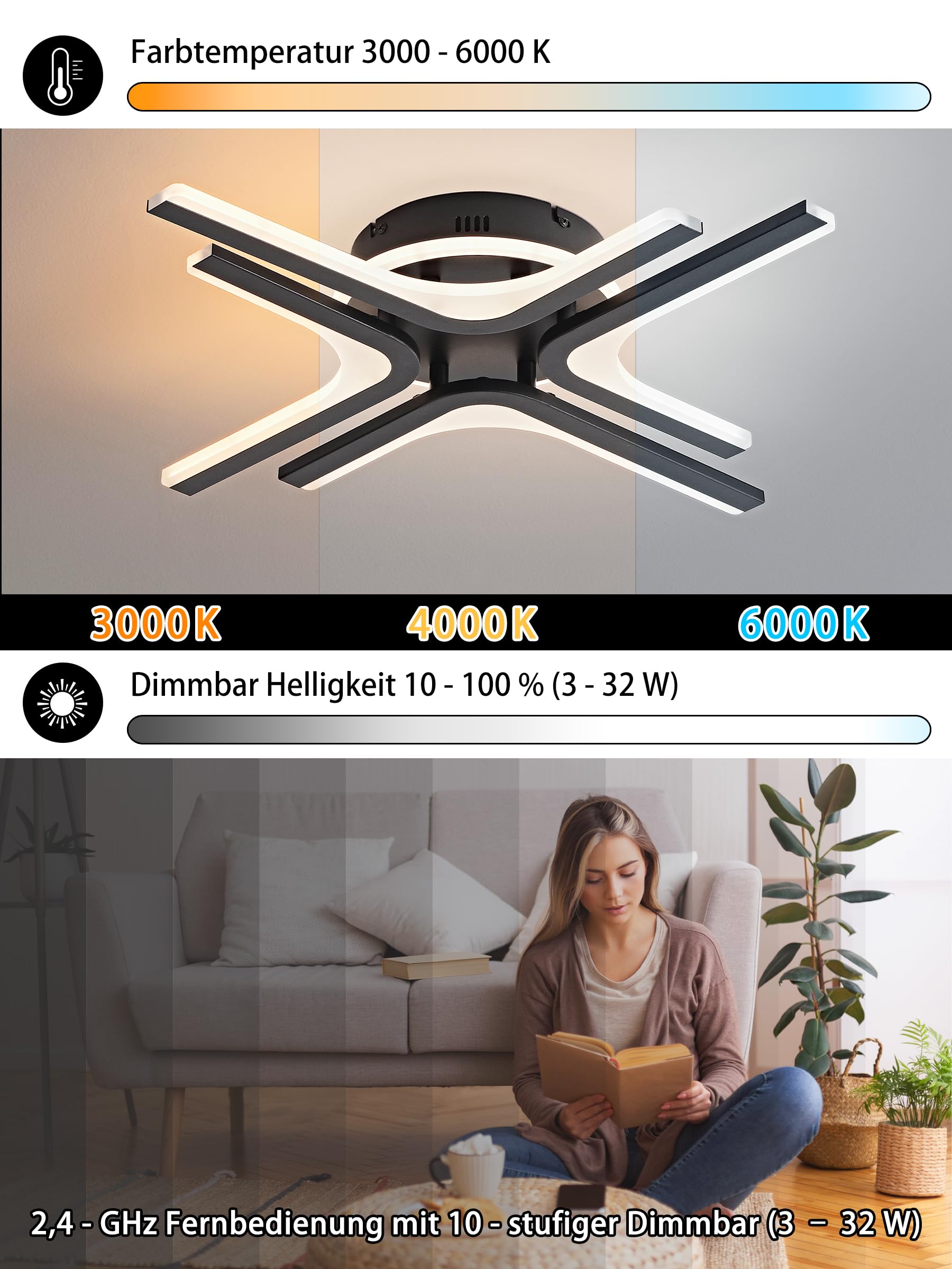 LED Deckenleuchte Dimmbar schwarz Stern, 57cm 32W Farbtemperatur 3000-6000K, Helligkeit 10-100%, Neu Fernbedienung/Mobile APP, Für Schlafzimmer, Wohnzimmer, Flur, Mit Memory-Funktion, 3W Nachtlicht