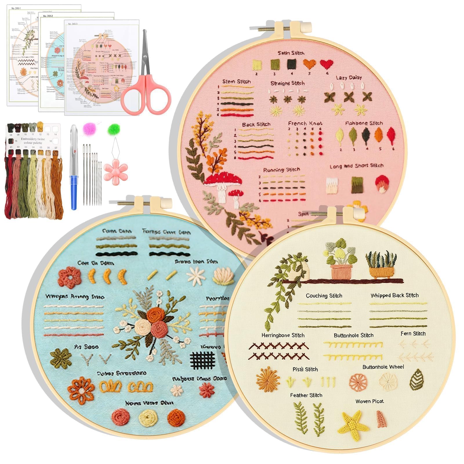 EEEKit 3PCS Sticken Set für Anfänger, Kreuzstich Stickerei Starter Set mit 28 Stichen Lernanleitung und Garne, Nadeln und Stickrahmen für Erwachsene