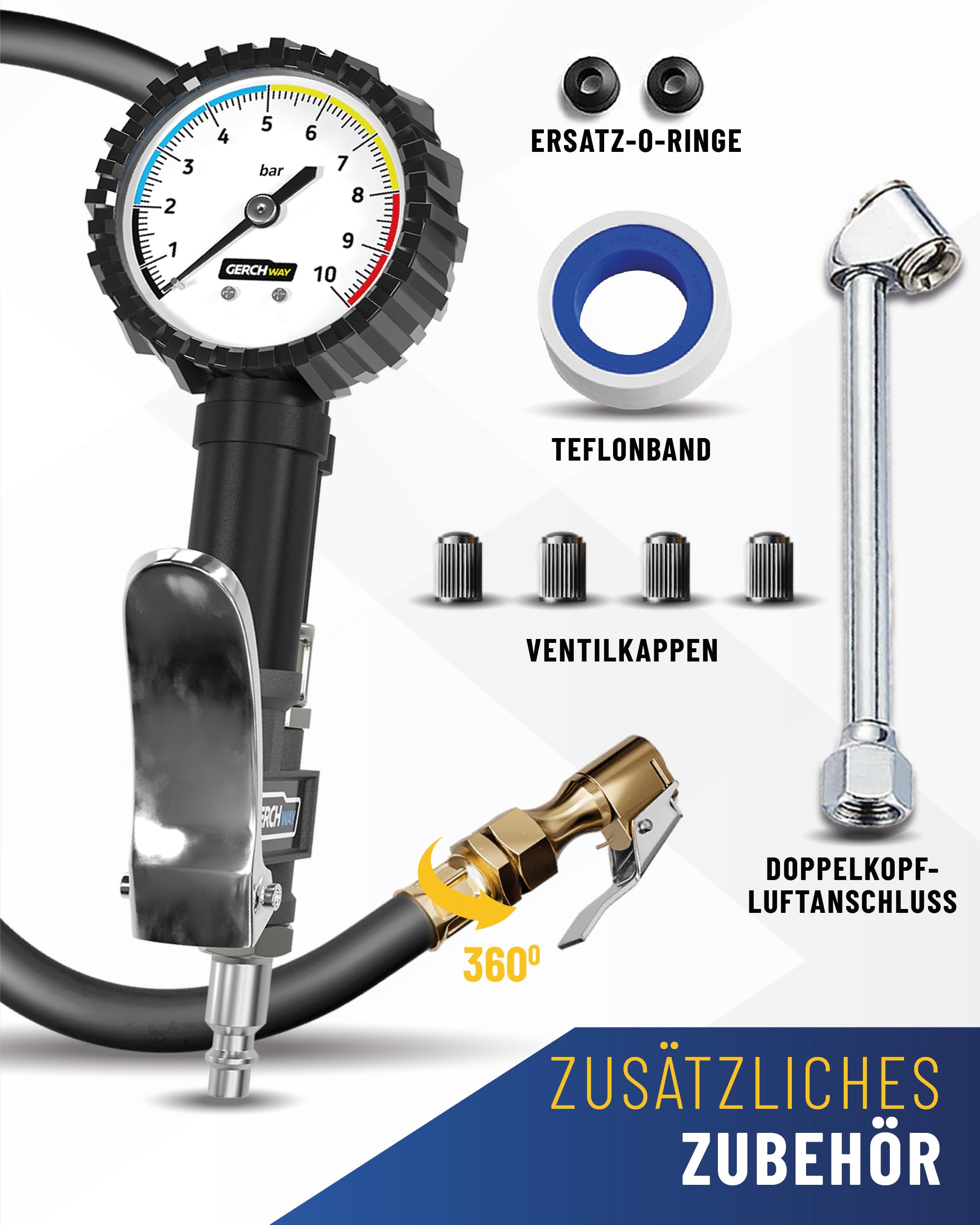 GERCHWAY Reifenfüller mit Manometer – Präziser, robuster 0-10 bar Druckluft Reifendruckfüller für Kompressor – Extra langer 50 cm Schlauch – Luftdruckprüfer für Auto, Motorrad, LKW & Werkstatt