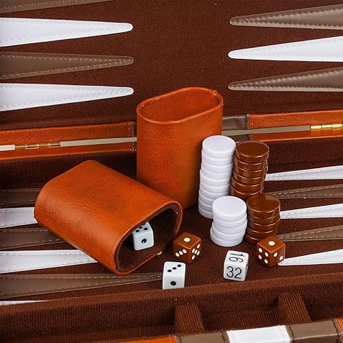 Miniatura 5 de RERIVER Backgammon - Juego de 2 jugadores clásico de backgammon para adultos, juego de mesa con funda de cuero de primera calidad, portátil y juego