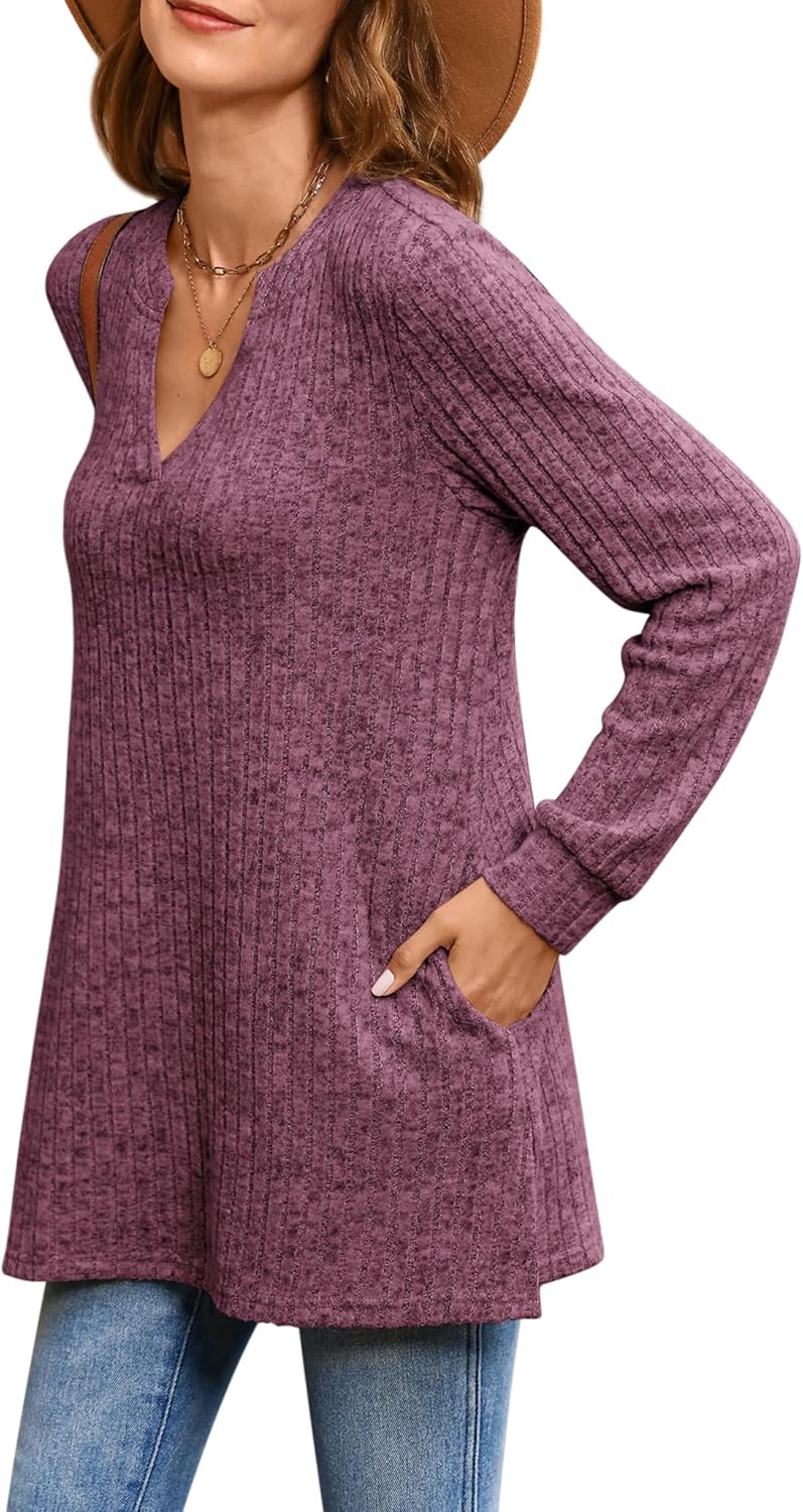BZB Womens Fall Sweaters Long Sleeve V Neck Tunics Tops Side Split Casual 2026 Sweatshirt with Pocket - Image 2