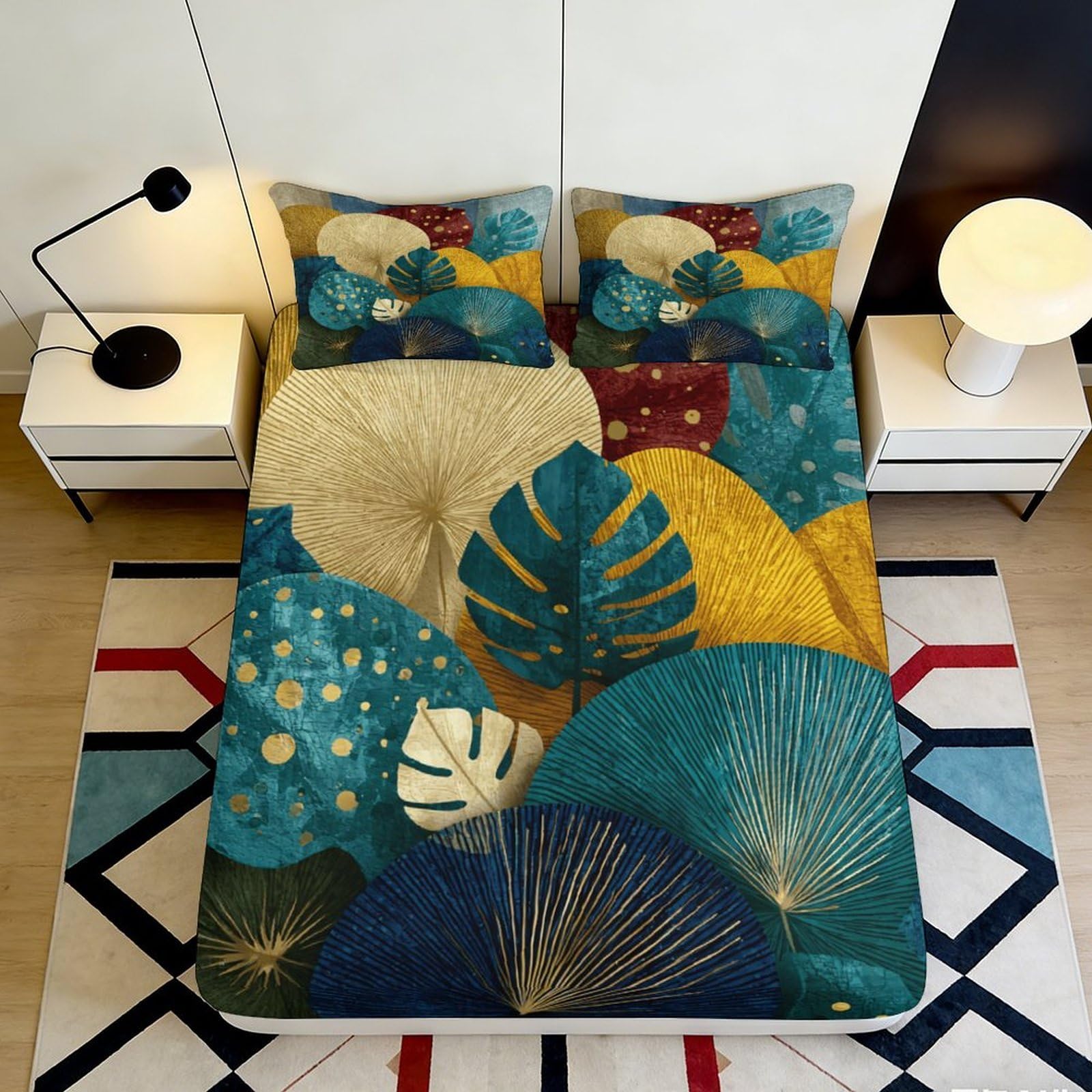 3D Printed Tropical Leaf Fitted Sheet Microfiber Soft Breathable Abstract Botanical Mattress Cover for Bedroom Guestroom Decor 90x200x25cm