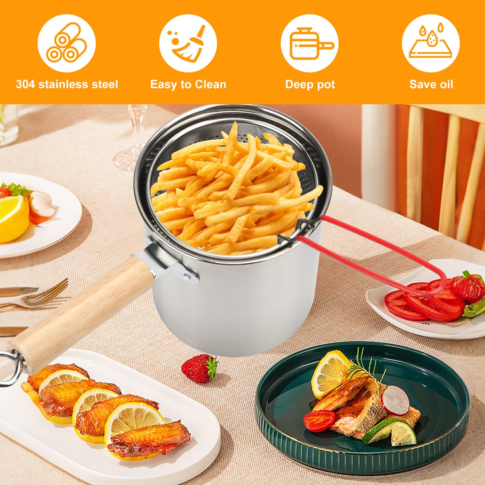 Mini Friteuse avec Panier Passoire,Pots de Filtre à Huile en Acier Inoxydable Avec Couvercle Et Clip Anti-PoussièRe, RéCipient Graissee PoignéE Pour Graisse Cuisson Frire pour Frites,Poisson (3L)