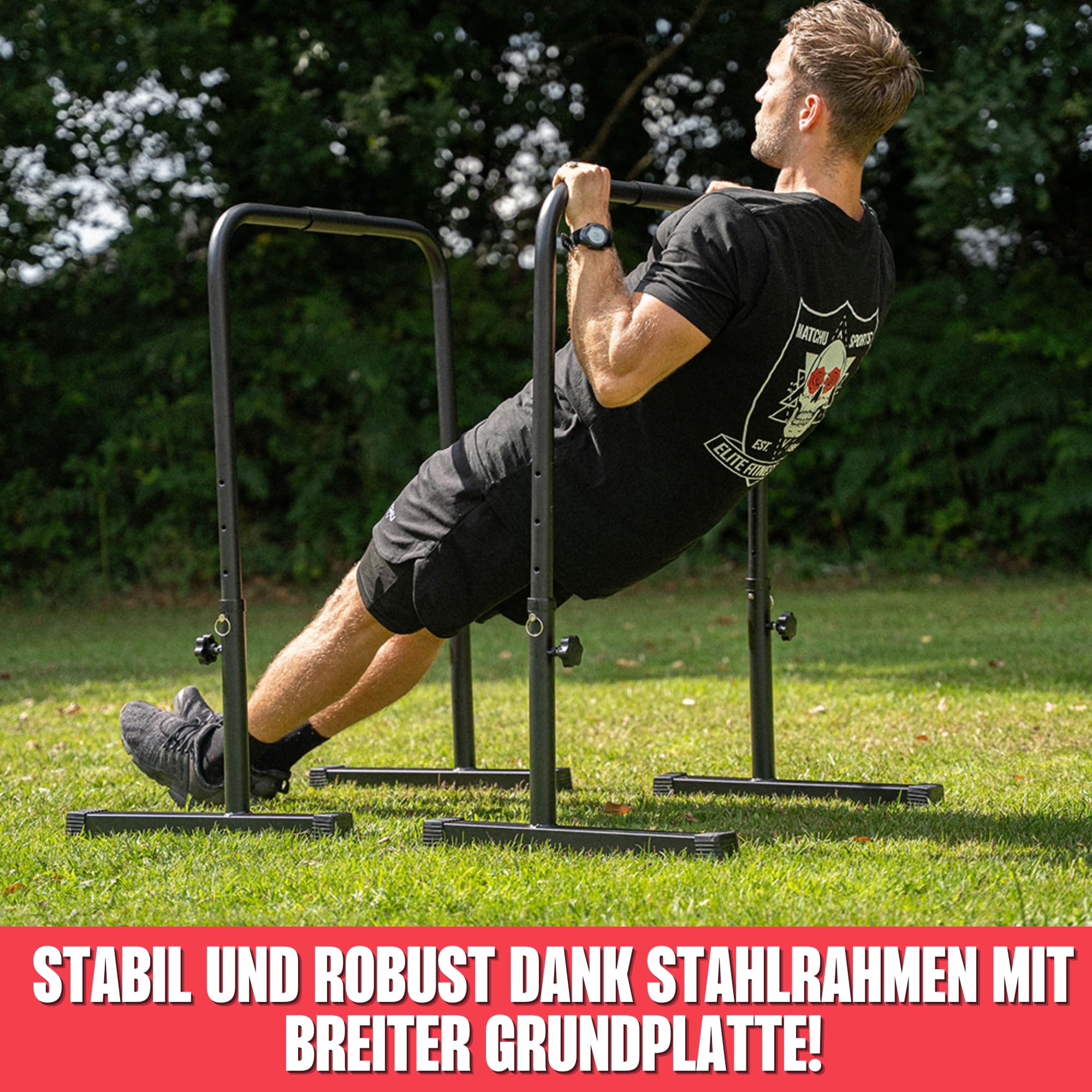 MATCHU - Verstellbare Dip Barren - Parallettes - Verstellbar in 75, 82, 89, 96 und 103 cm - 2er Set - Komfortabler Griff mit Rutschfesten Schaumstoffgriffen - Stahl - Schwarz
