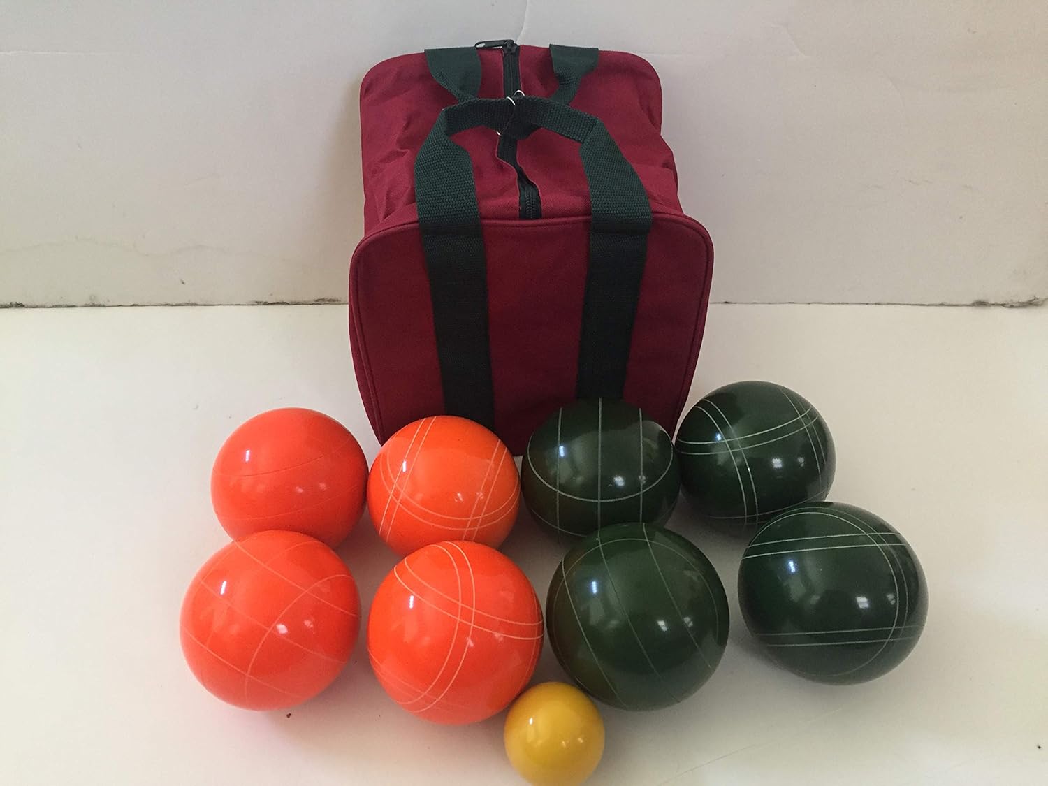 BuyBocceBalls Listing - Made in USA, Premium Quality Tournament Bocce Set - 110mm Orange and Dark Green Balls, Nylon Bag, 998 Grams (2 lbs. 3.2 oz.). Various Bag Colors