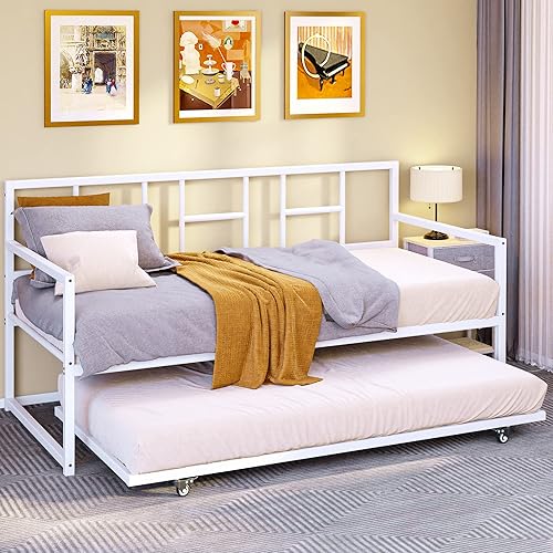 Miniatura 6 de YITAHOME Sofá cama con nido, cama individual de altura ajustable con nido extraíble, sofá cama con soporte de listones de acero para sala de estar y