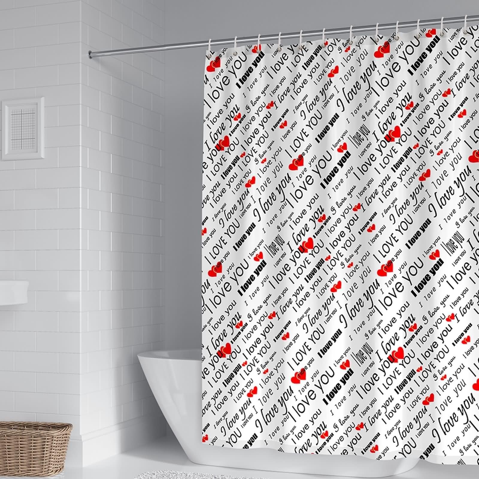 Duschvorhang 180X200, Duschvorhang Stoff Waschbar Rot Schwarz Weiß I Love You Buchstaben Eleganter Duschvorhang