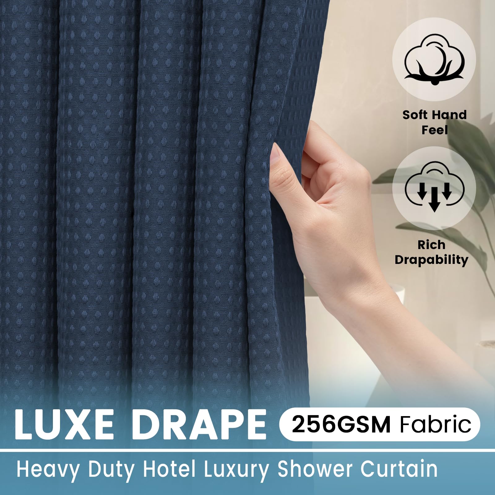 EUTXL Rideau de Douche sans Crochet avec Doublure à Clipser – 230 g/m² – Rideau de Douche à Tissage gaufré pour Salle de Bain – Bleu Marine – 180 x 188 cm (l x H)