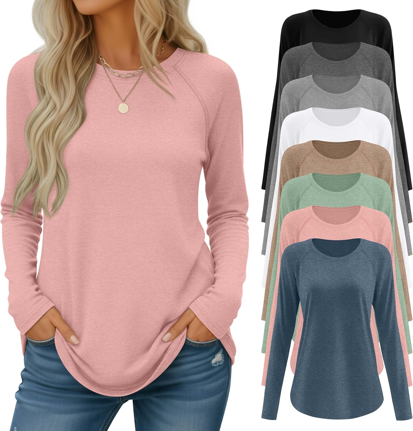 Velvelhall 8 Pack Women's Long Sleeve Shirts, Raglan Crew Neck Tops Tunic Loose Fit Casual Basic Tee Shirt