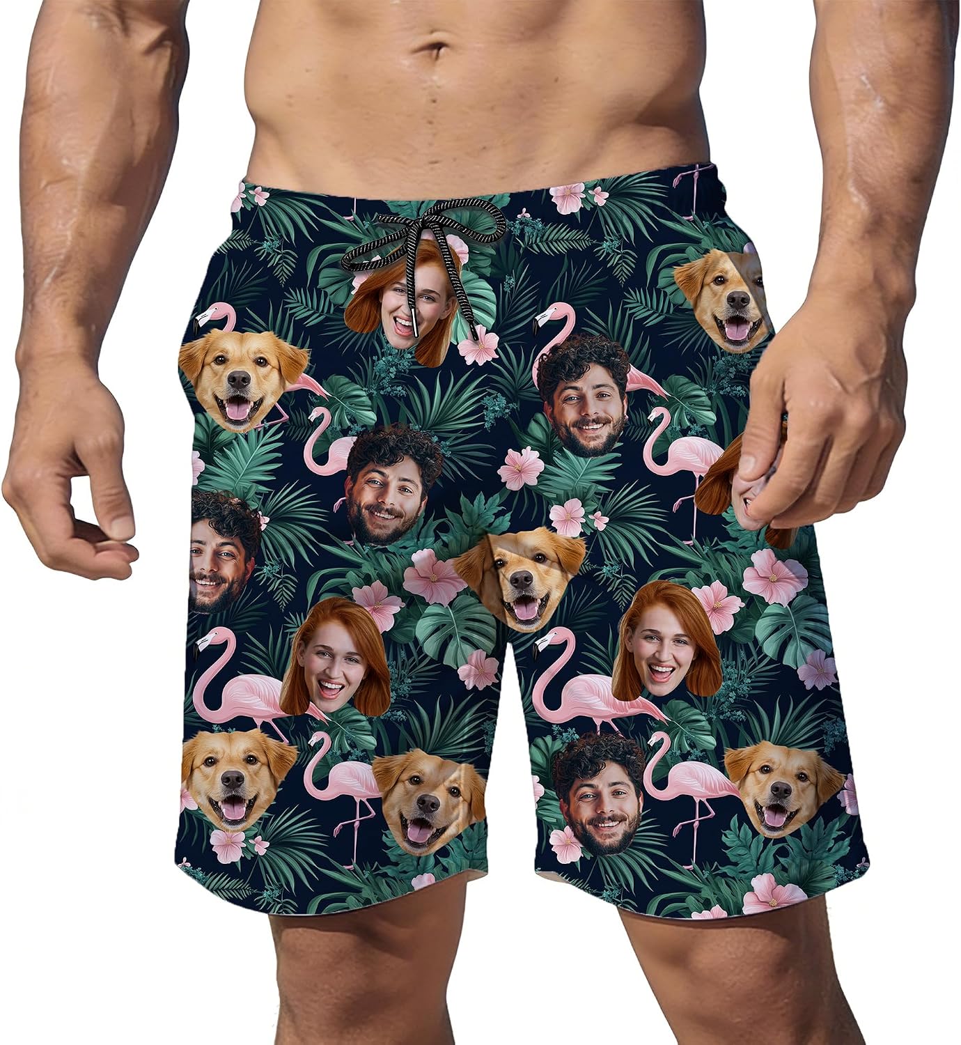 Custom Men's Swim Trunks, Personalized Board Shorts with Faces, Tropical Print Swim Shorts, Funny Gift for Men