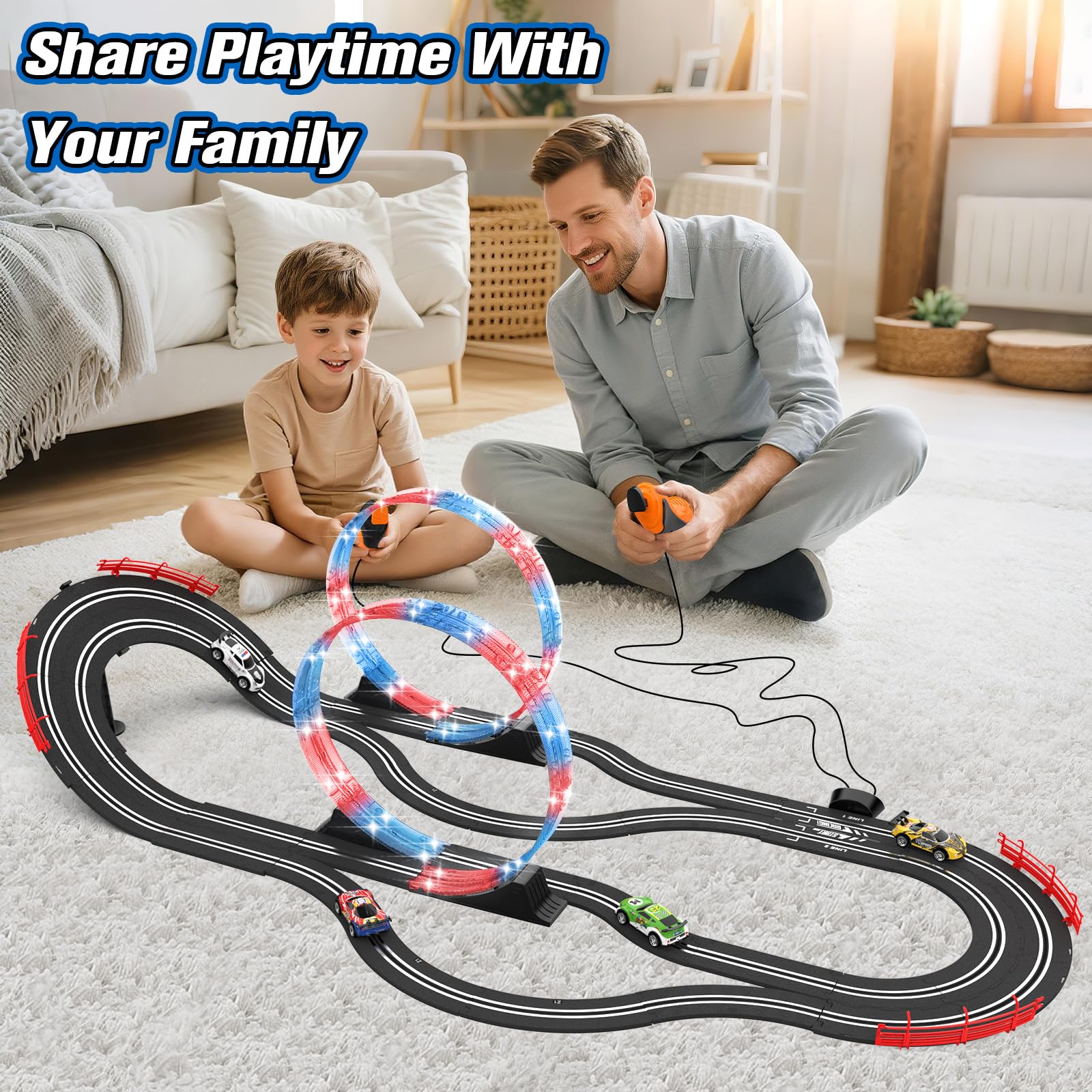 Juego de pista de carreras 2 en 1 con 4 autos de alta velocidad, pista eléctrica, juego de carreras dual con 2 controladores, diseño de paso elevado circular con pistas flash. Regalo de juguete para 8