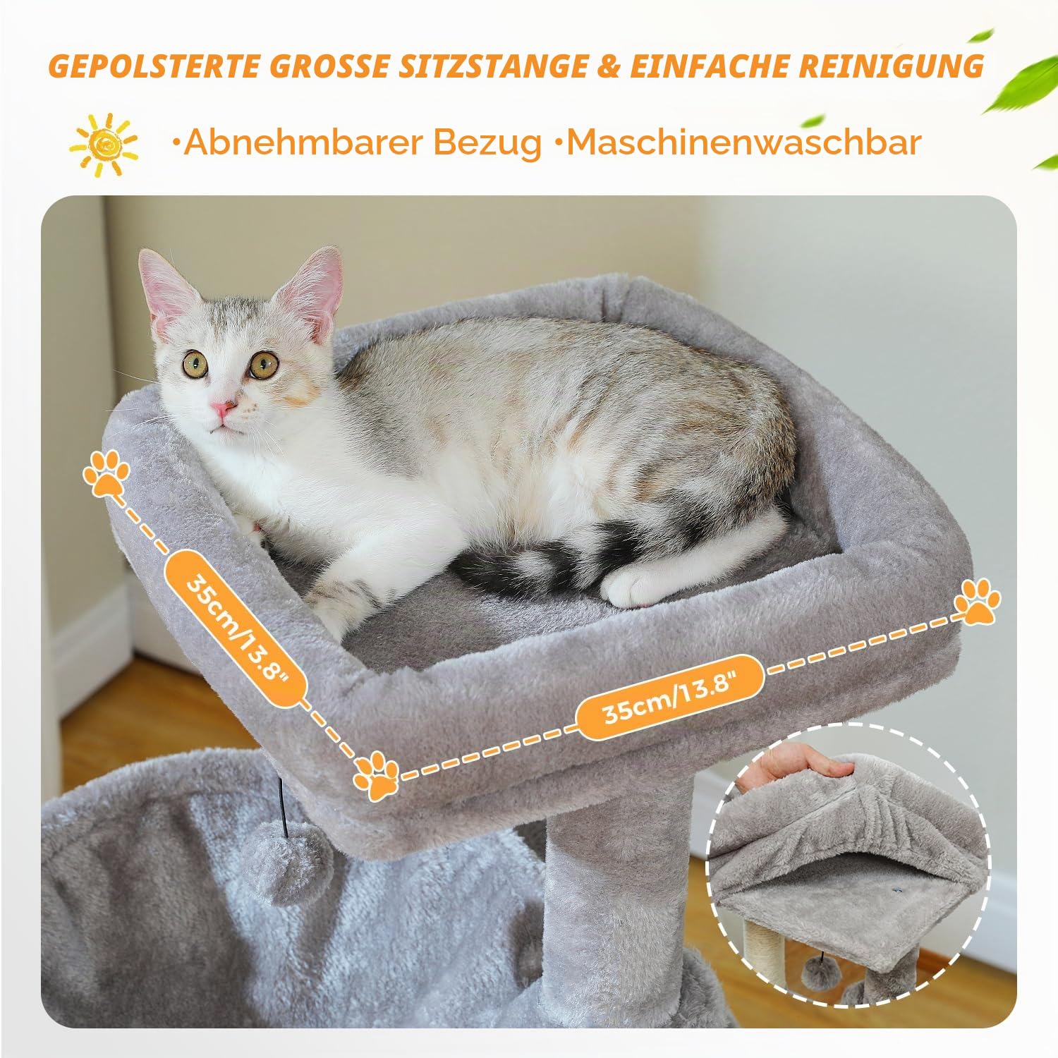 PETEPELA Kratzbaum 104cm Katzenbaum mit 2 geräumigen Höhle für Wohnungskatzen, Katzenhaus mit bequemer 40cm Hängematte, gepolsterter Sitzstange, Kratzpad und abziehbarer Spielball grau