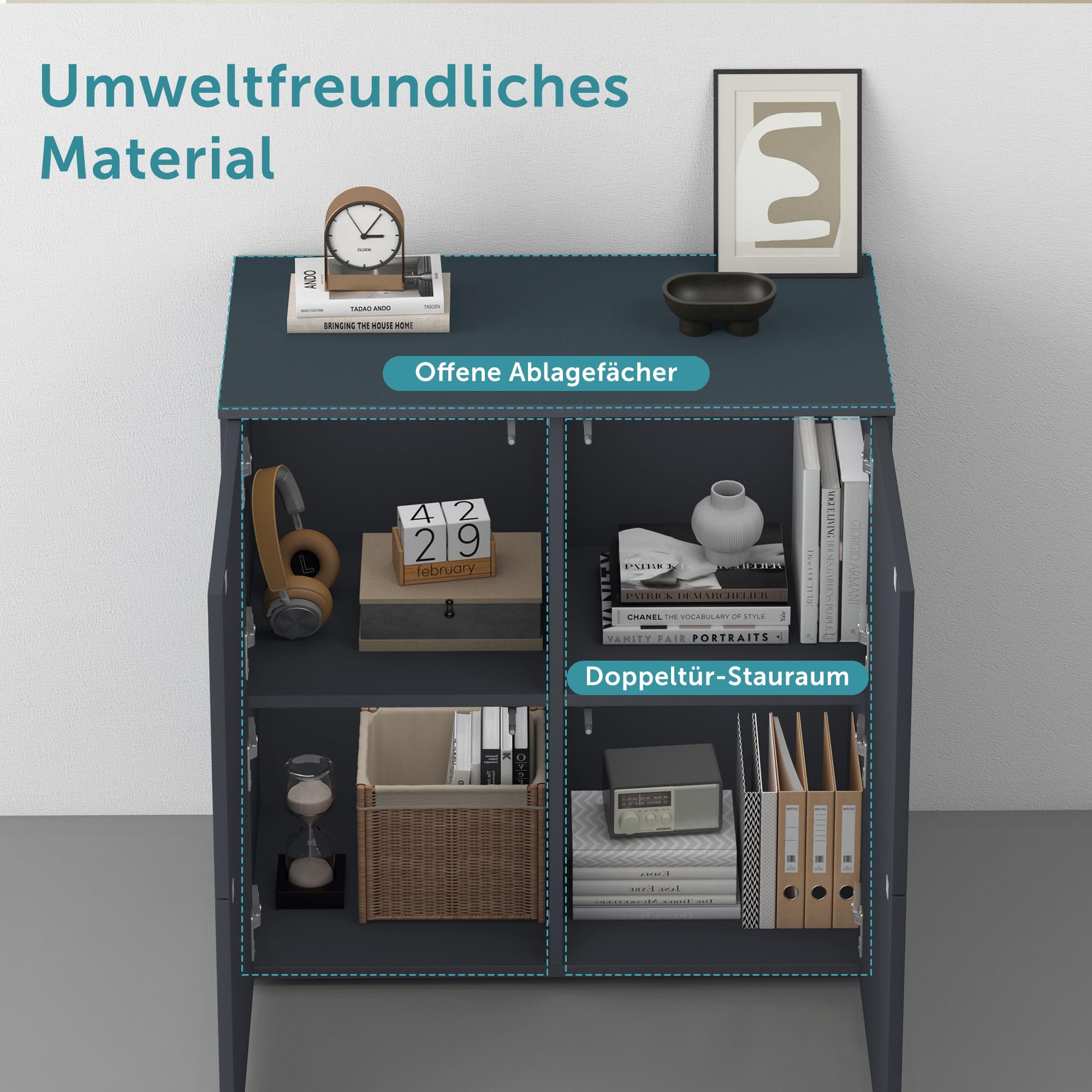 doporro Mobile Organizzatore Credenza Buffet in Legno con 4 Ante Push-to-Open e Soft-Close per Soggiorno, Sala da Pranzo o Ingresso, 76x36,4x76 cm Marrone chiaro e Bianco opaco Schrank04