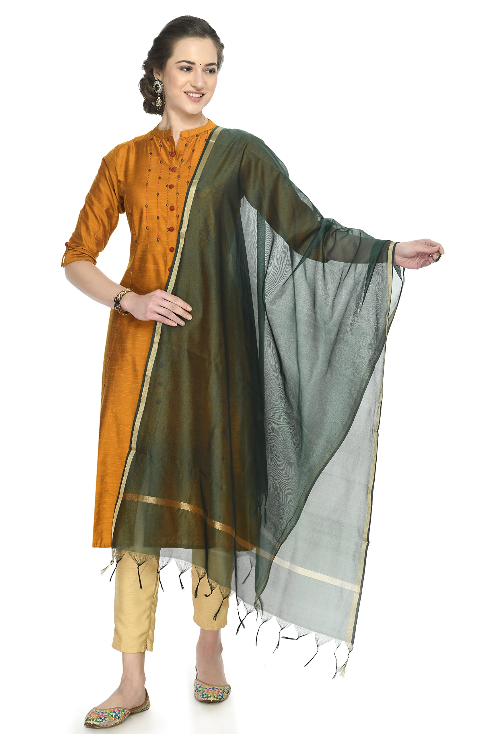 a r silk Women's Golden Border Dark Green Colour Chanderi Cotton Regular Dupattas/Chunnis-picture-12