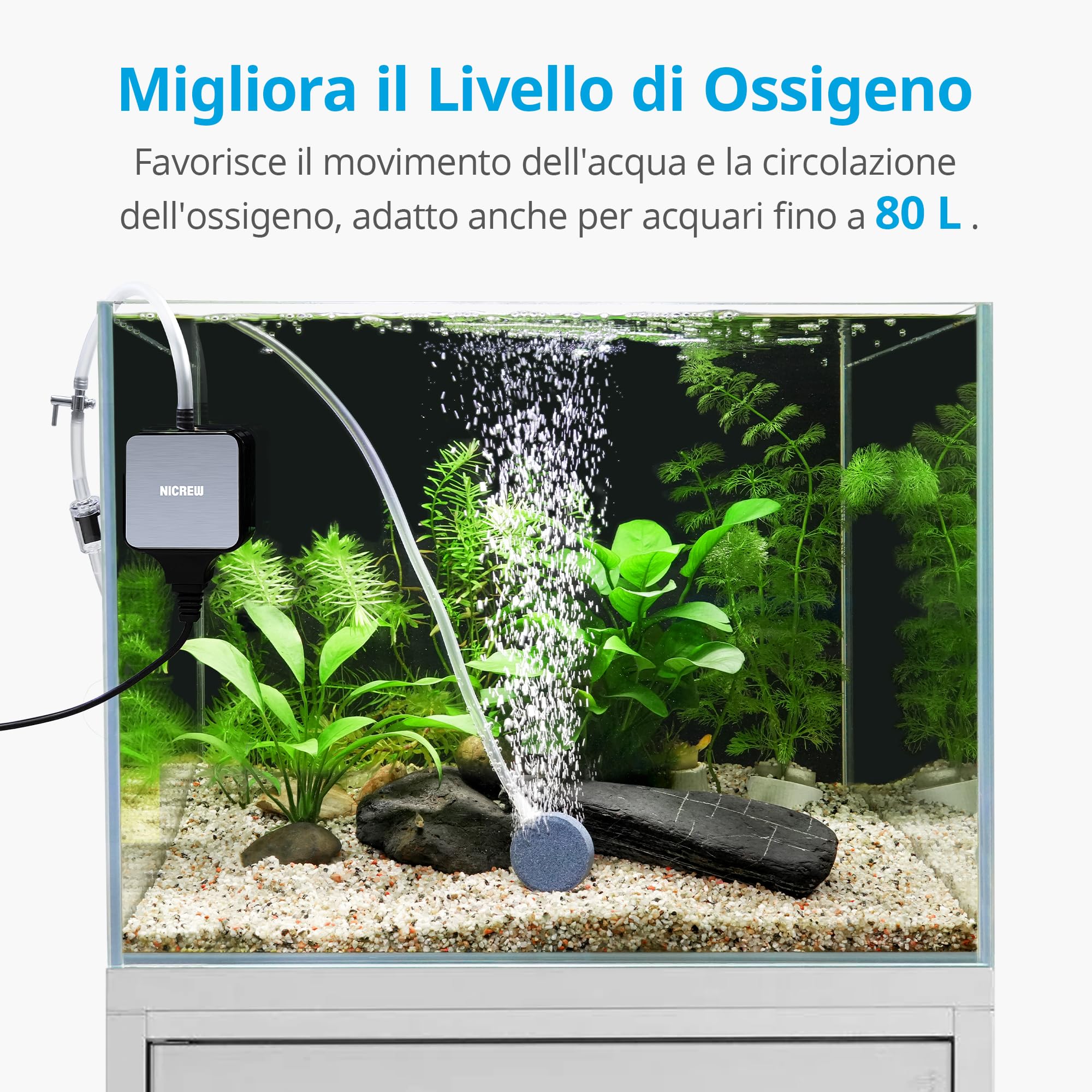 NICREW Nano Silent Max Ossigenatore per Acquario 40-80 L, Accessori per Acquari Ultra-Silenzioso <35 dB Con Valvola di controllo, Efficienza energetica 1,5 W, 36 L/h