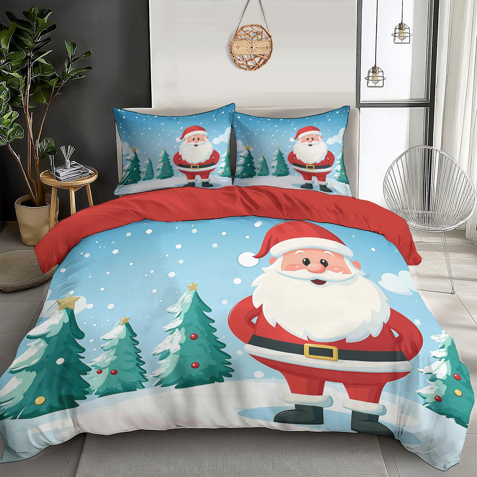 Parure de lit Père Noël 220x240 housse de couette 3d bleu clair avec taies d'oreiller