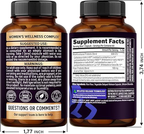 Miniatura 2 de NUTRAHARMONY Probióticos para mujeres  Cepas clínicamente probadas para la salud vaginal, pH y equilibrio de levaduras, digestión e inmunidad  60