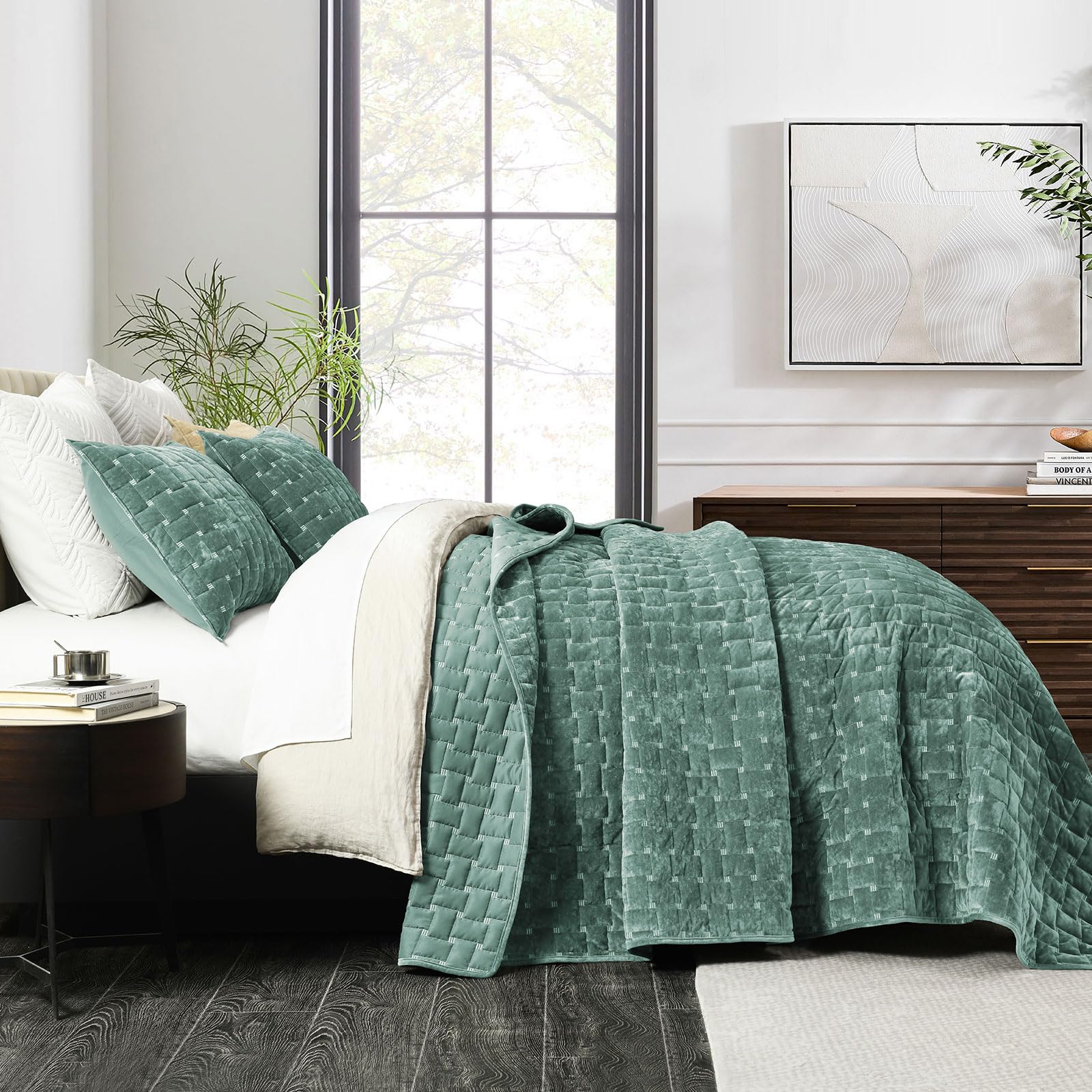 Grassix Velvet Quilt Set Queen Size, Luxury Geometric Design, Aqua Green