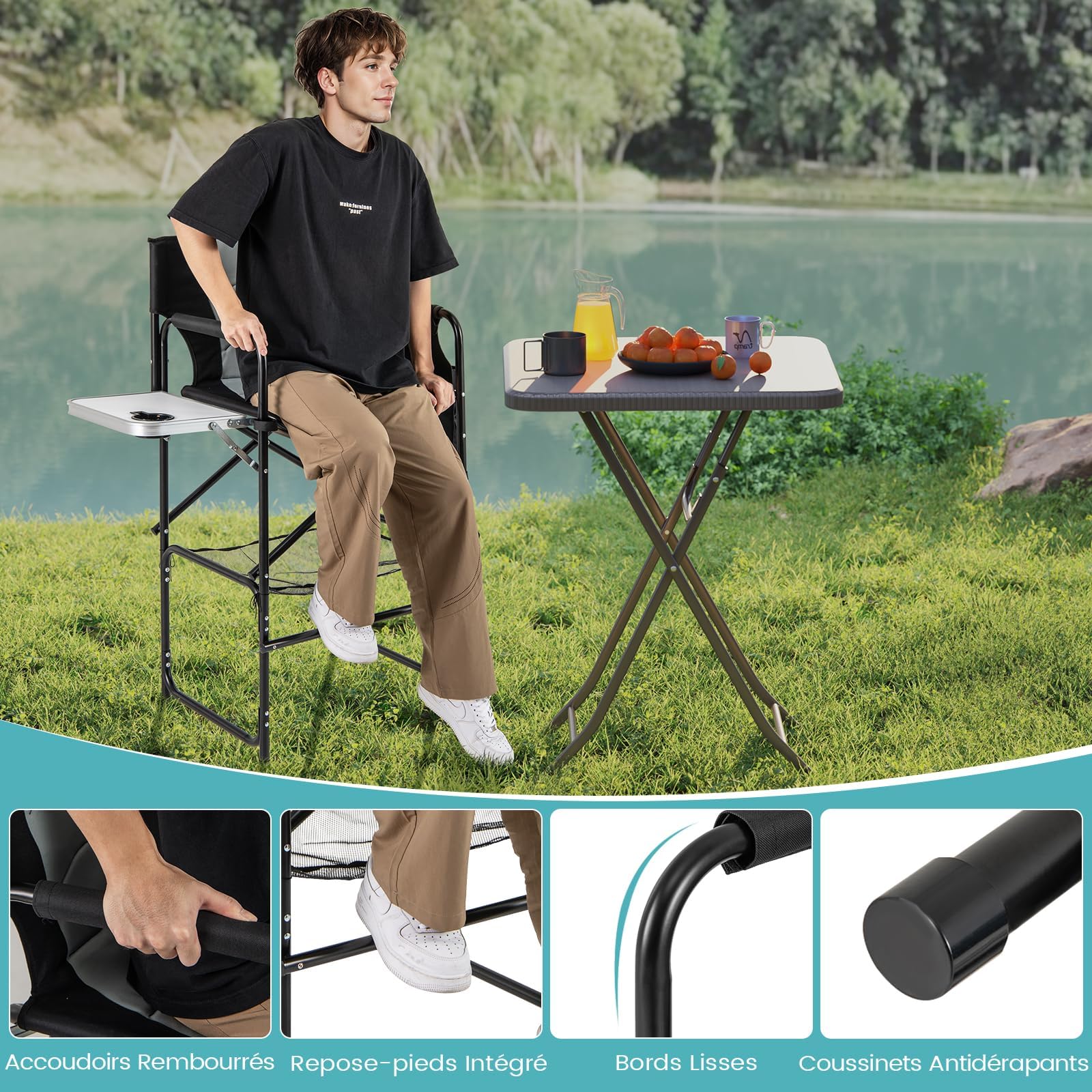 GYMAX Chaise Maquillage Professionnel 116,5 cm, Chaise Metteur en Scène Pliable Portable avec Plateau, Porte-Gobelet, Repose-Pieds, Sac en Filet, Poche de Rangement, Chaise Haute pour Studio