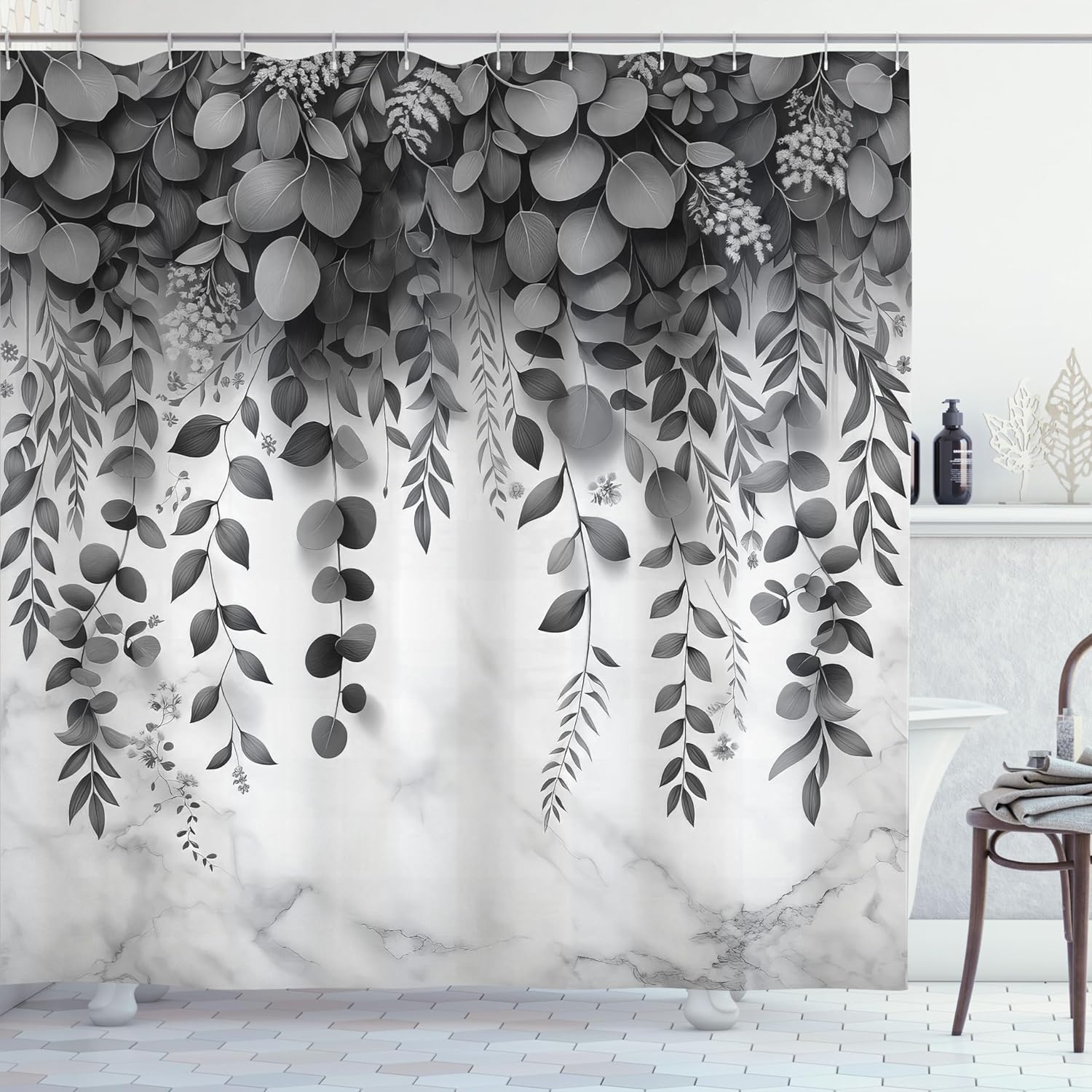 Ambesonne Black and White Shower Curtain, Achromatic Colored Design of Eucalyptus Leaves on Marble Print Back, Cloth Fabric Bathroom Decor Set with Hooks, 69" W x 84" L, Dimgray Coconut