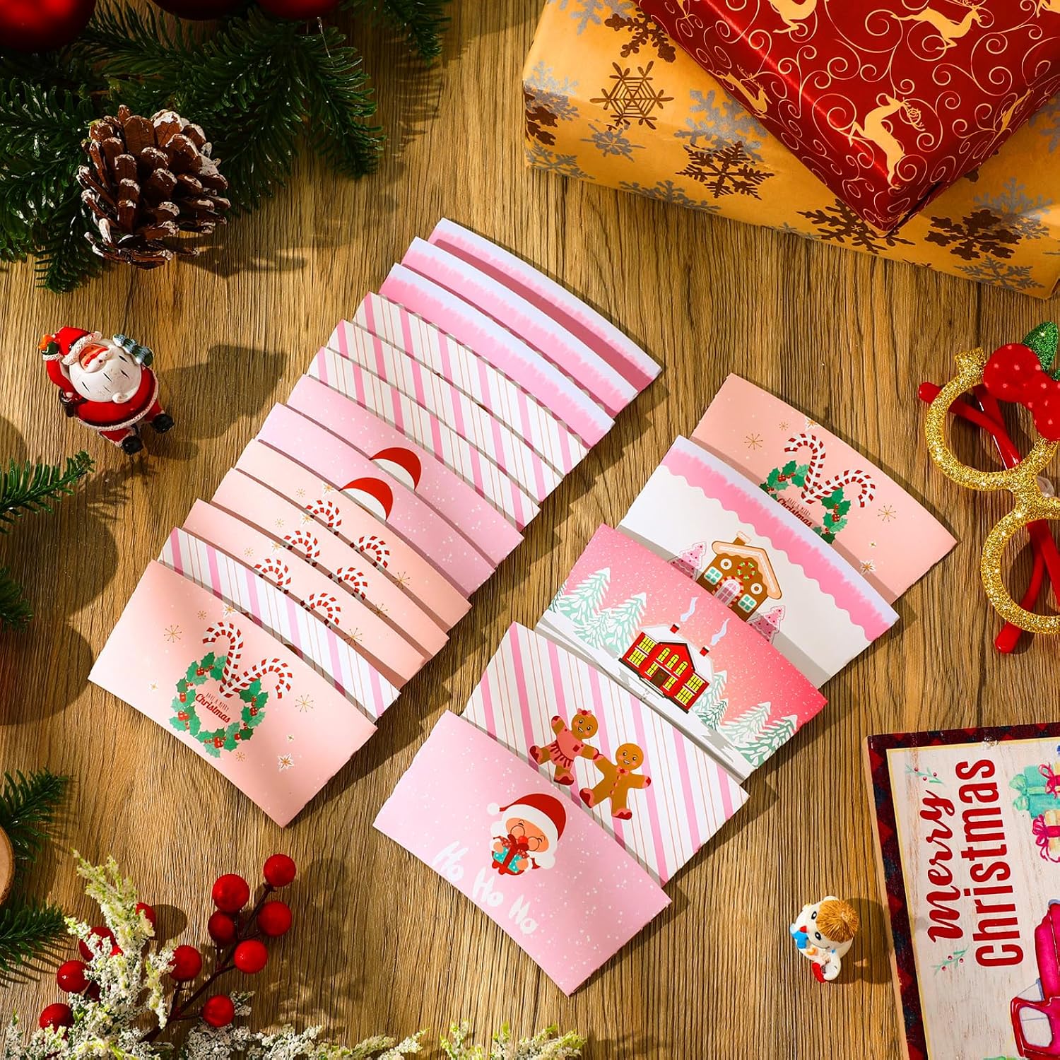 Remerry 125 Pack Winter Christmas Disposable Coffee Cup Paper Sleeves Xmas Santa Holiday Tea Hot Chocolate Cocoa Sleeves for 12oz 16oz Cups (Pink)