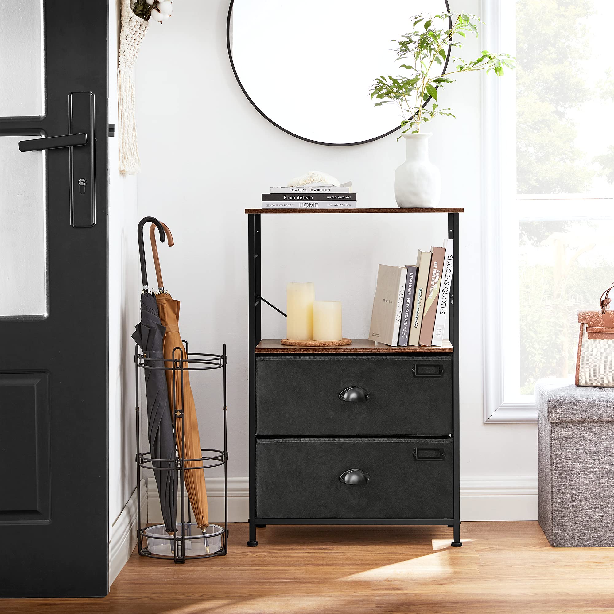 SONGMICS Nightstand, Industrial Bedside Table with 2 Fabric Drawers