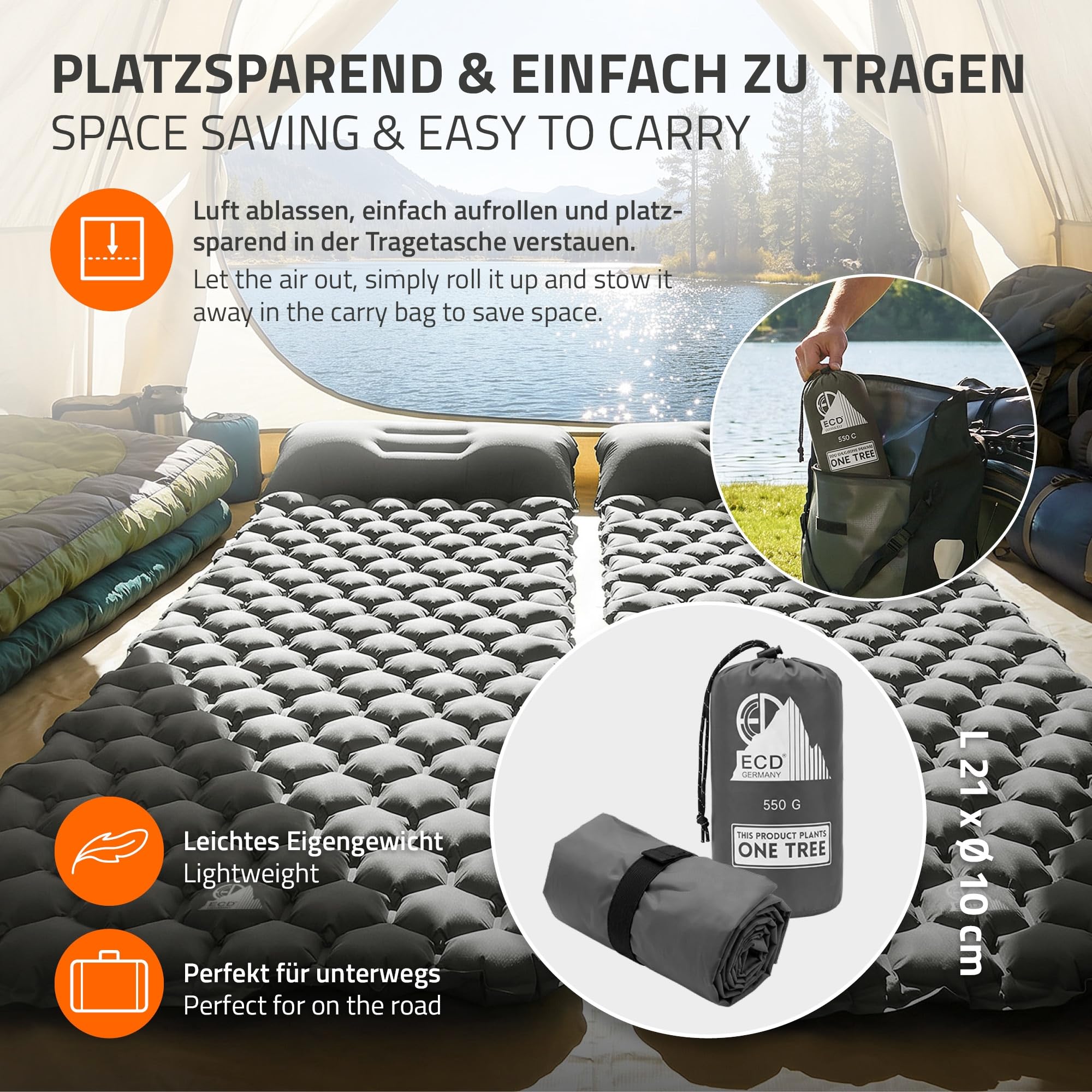 ECD Germany Colchoneta Camping Inflable Ultraligera, Esterilla Hinchable Portátil y Compacta con Almohada Integrada, Verde/Gris, Colchón Individual Plegable para Tienda de Campaña, Playa, Senderismo