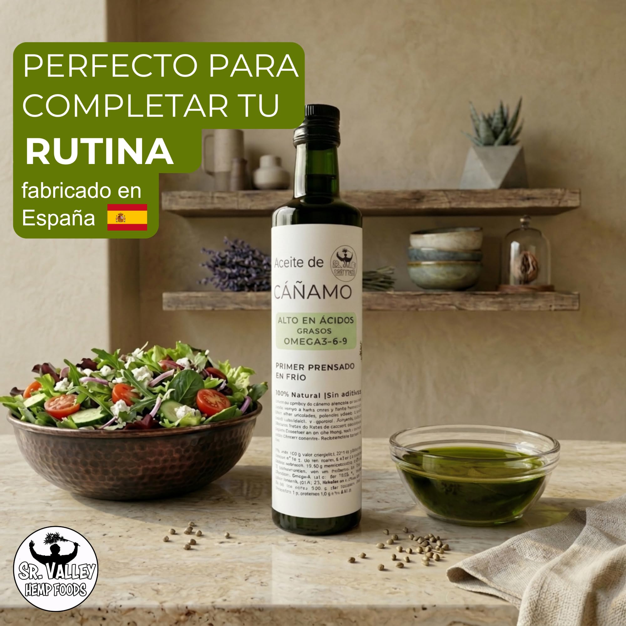 Sr Valley Aceite de Cañamo 100% Puro y Vegano | 750 ml prensado en frío | Para uso culinario y cosmético | Sin aditivos ni conservantes y con semillas no OGM