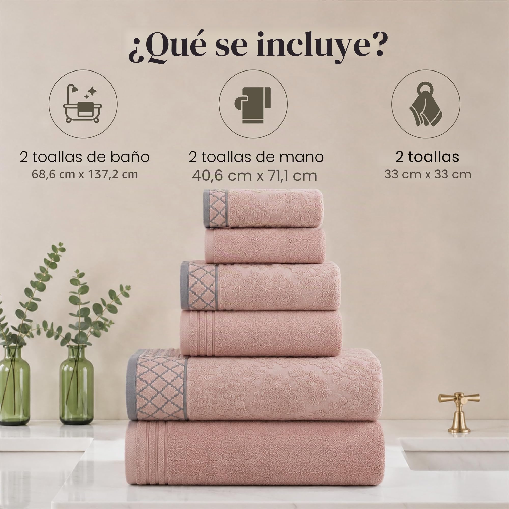 Costa del Pacífico Textiles Damasco Jacquard Toallas con Adornado Frontera, algodón, Peach, Juego de 6