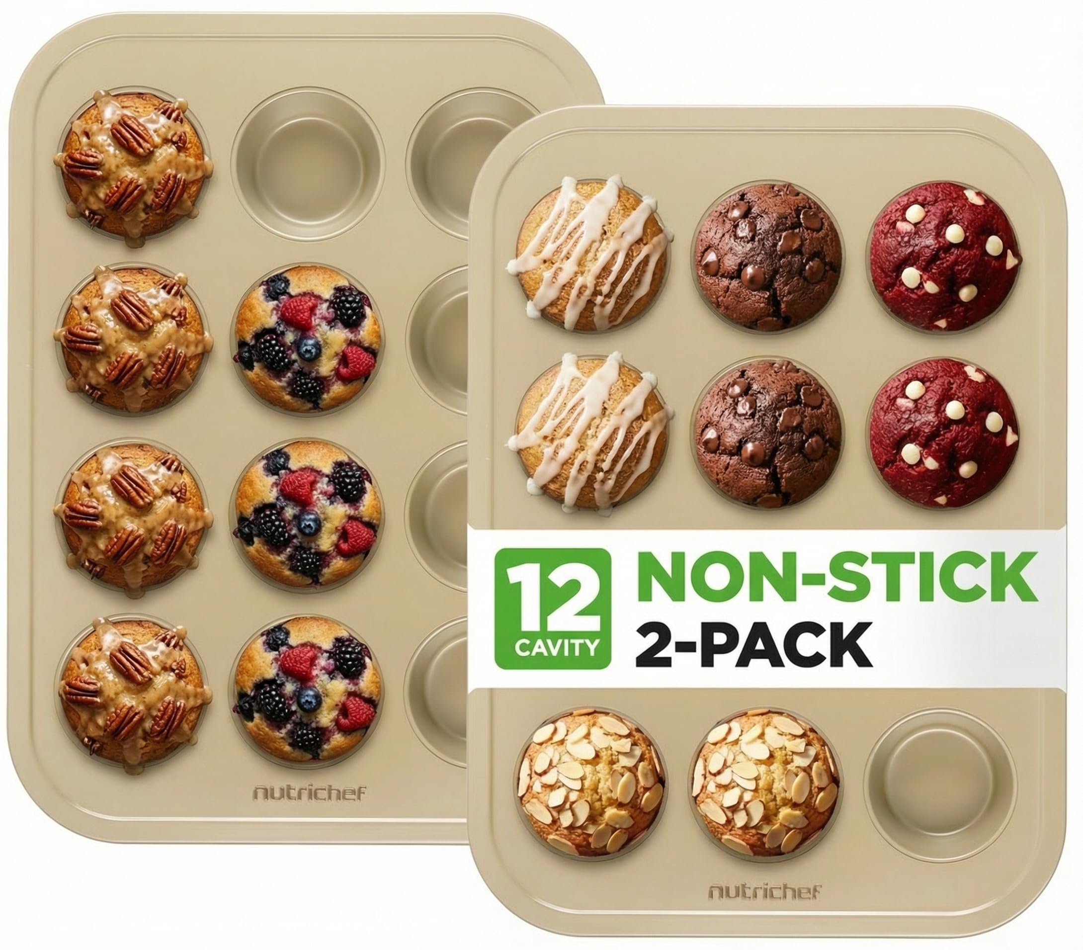 NutriChef Cupcake Muffin Trays, 2 Pack Nonstick Dishwasher Safe Cupcake pans, 12 Cup Bakeware Muffin Pan, Yorkshire Pudding Tray Tin, Round Baking Moulds, Carbon Steel Stackable, 100 liners included