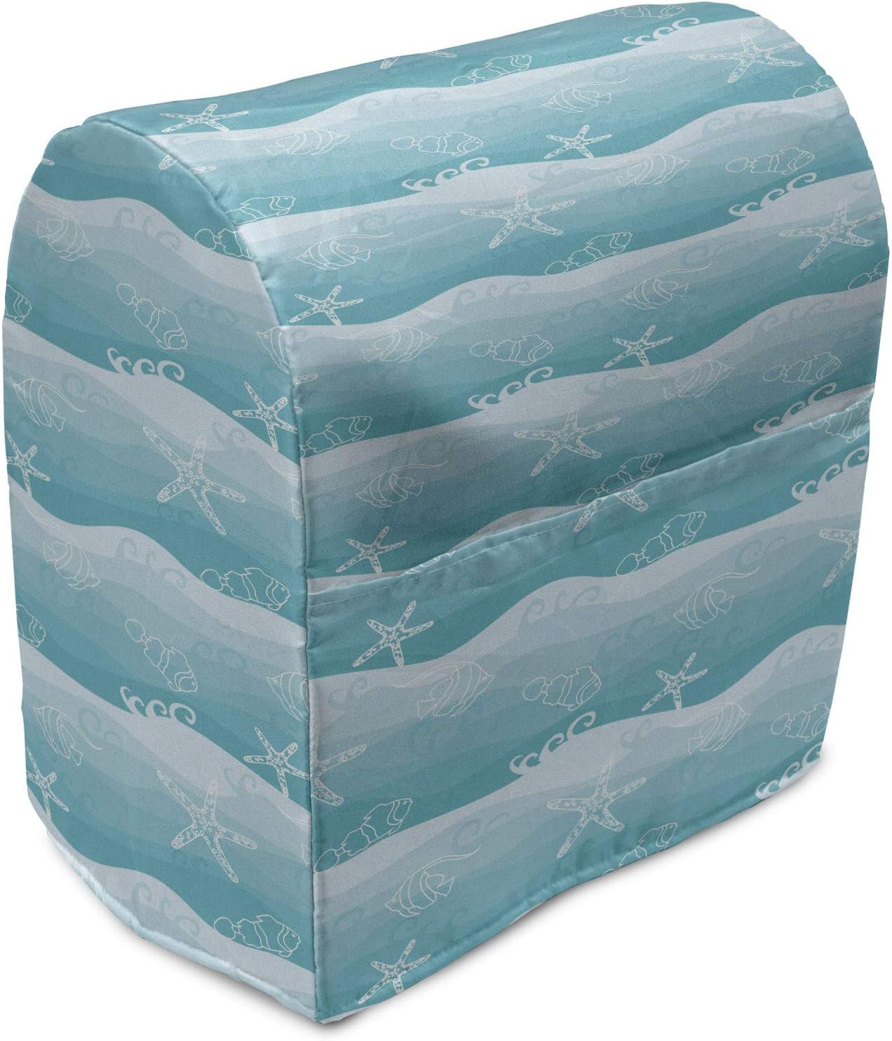 Ambesonne Nautical Stand Mixer Cover, Outline Starfish and Fishes on Ombre Effect Waves, Kitchen Appliance Organizer Bag Cover with a Pocket, 6-8 Quarts, Pale Blue