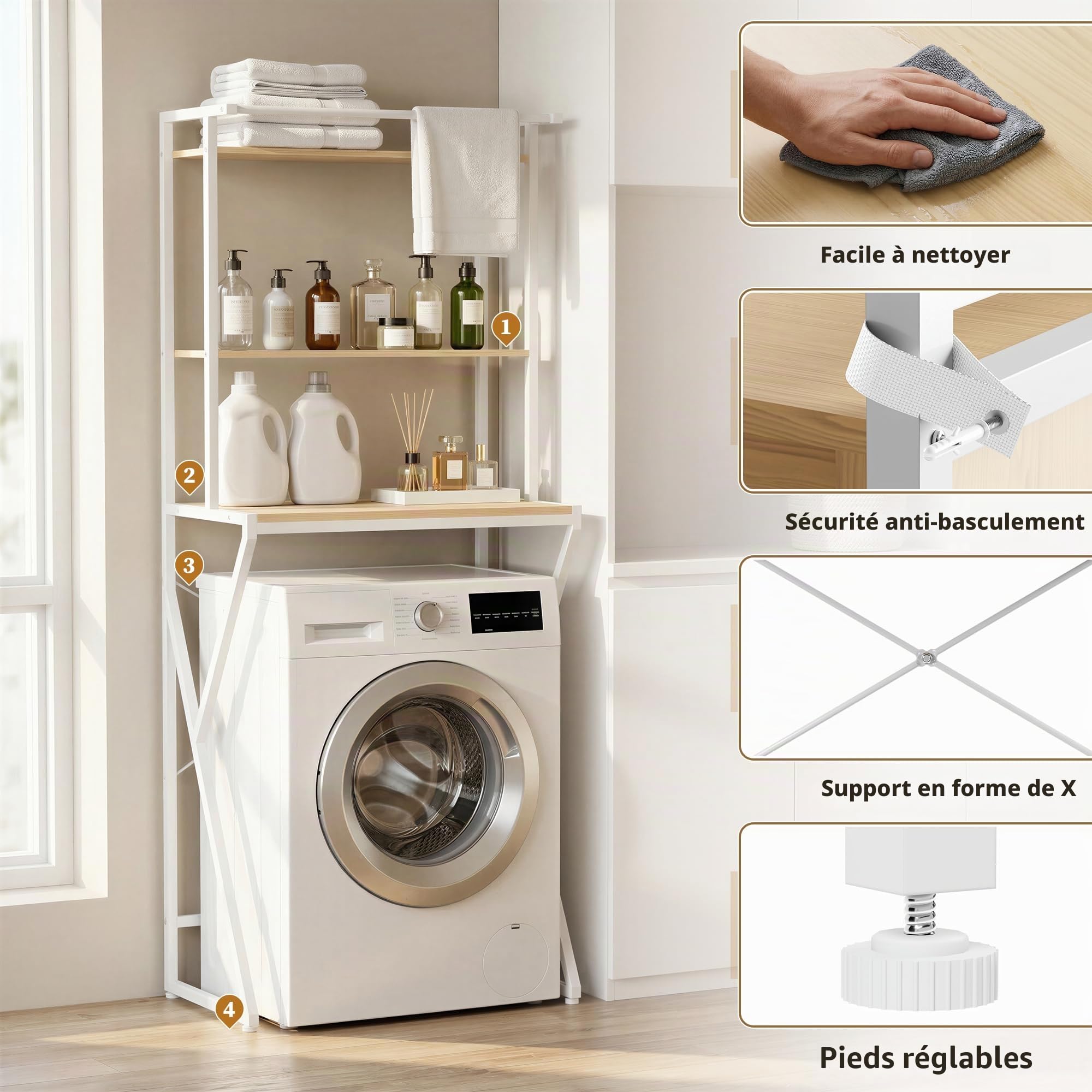 APICIZON Étagère Machine à Laver avec Porte-Serviettes, 3 Niveaux