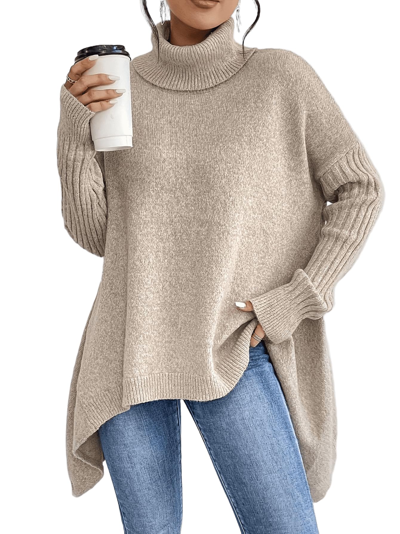 Womens Oversized Turtleneck Sweaters Trendy Asymmetrical Hem Ribbed Knit Pullover Tops Fashion Clothes