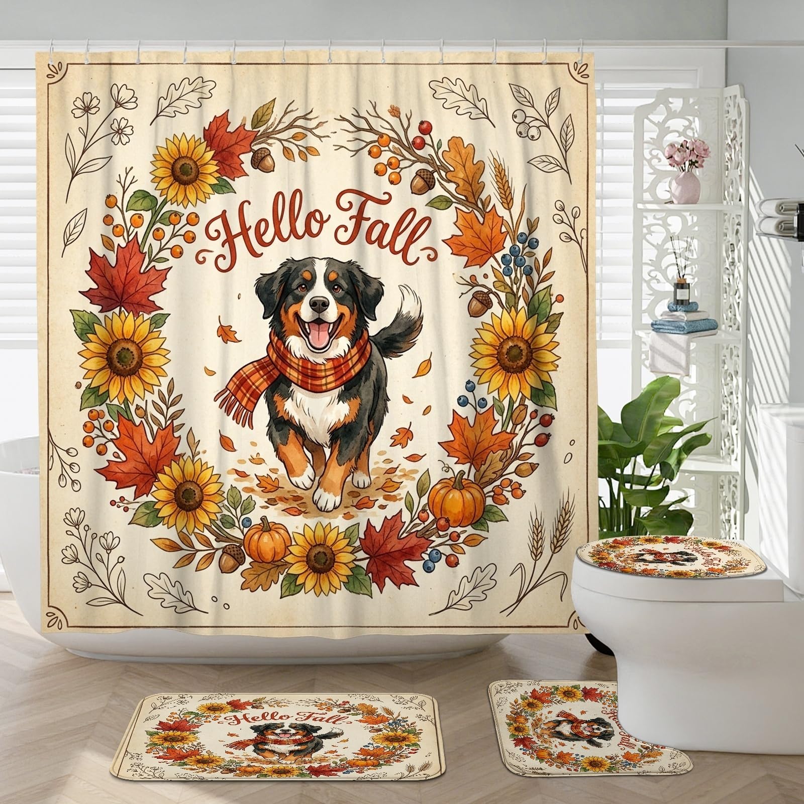 Lot de 4 accessoires de salle de bain vintage avec rideau 183x183 et tapis