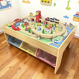 Wooden Train Set & Table with Storage Bins - Educational Activity Table for Kids, Compatible with Thomas, Boys Girls Birthday Gift for Age 3-8