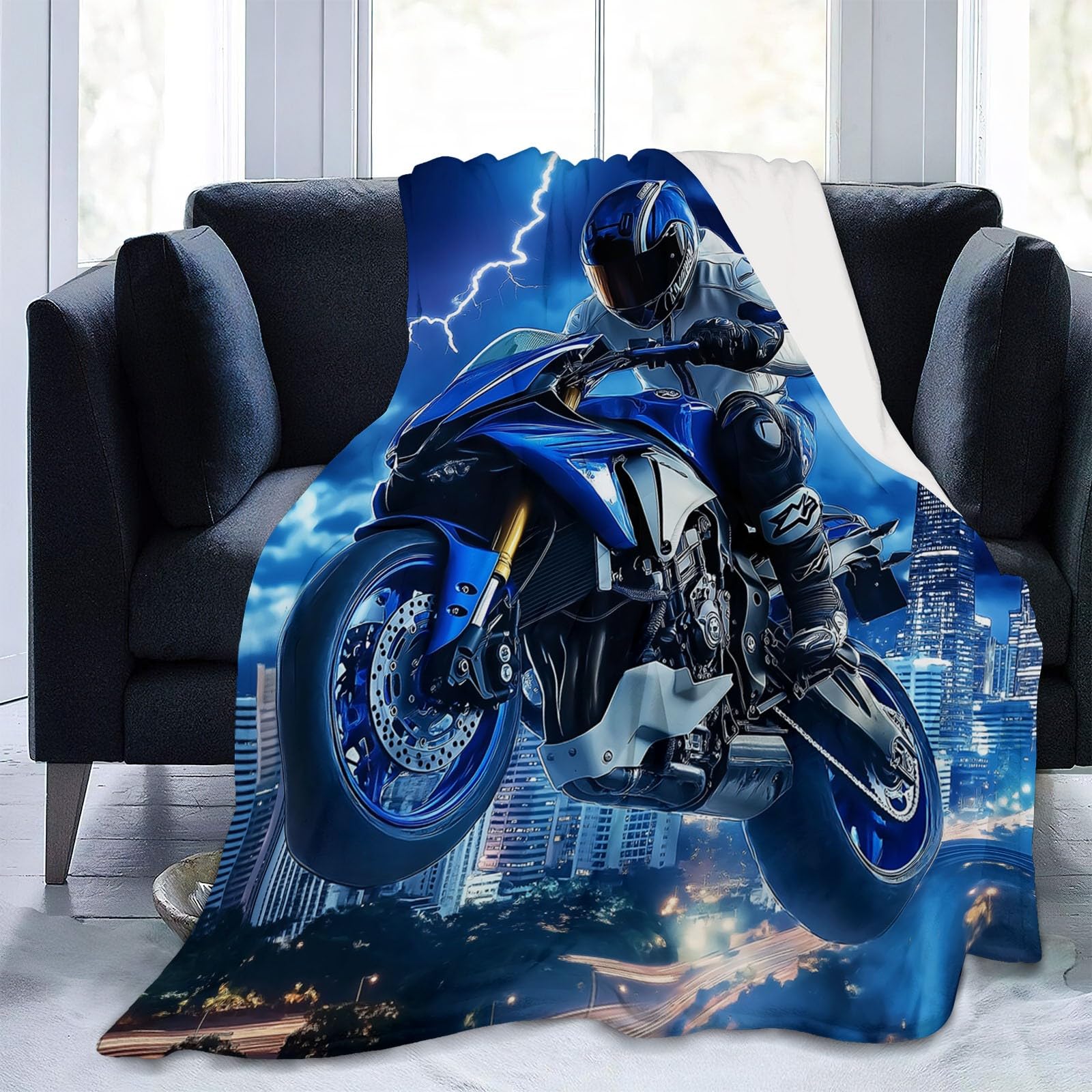 Fantazyjny koc polarowy miasto motocykl drukowany niebieski nadruk miękki puszysty flanelowy łóżko narzuta 220 x 240 cm sofa odpowiednia dla dorosłych i dzieci pozostań ciepły zima