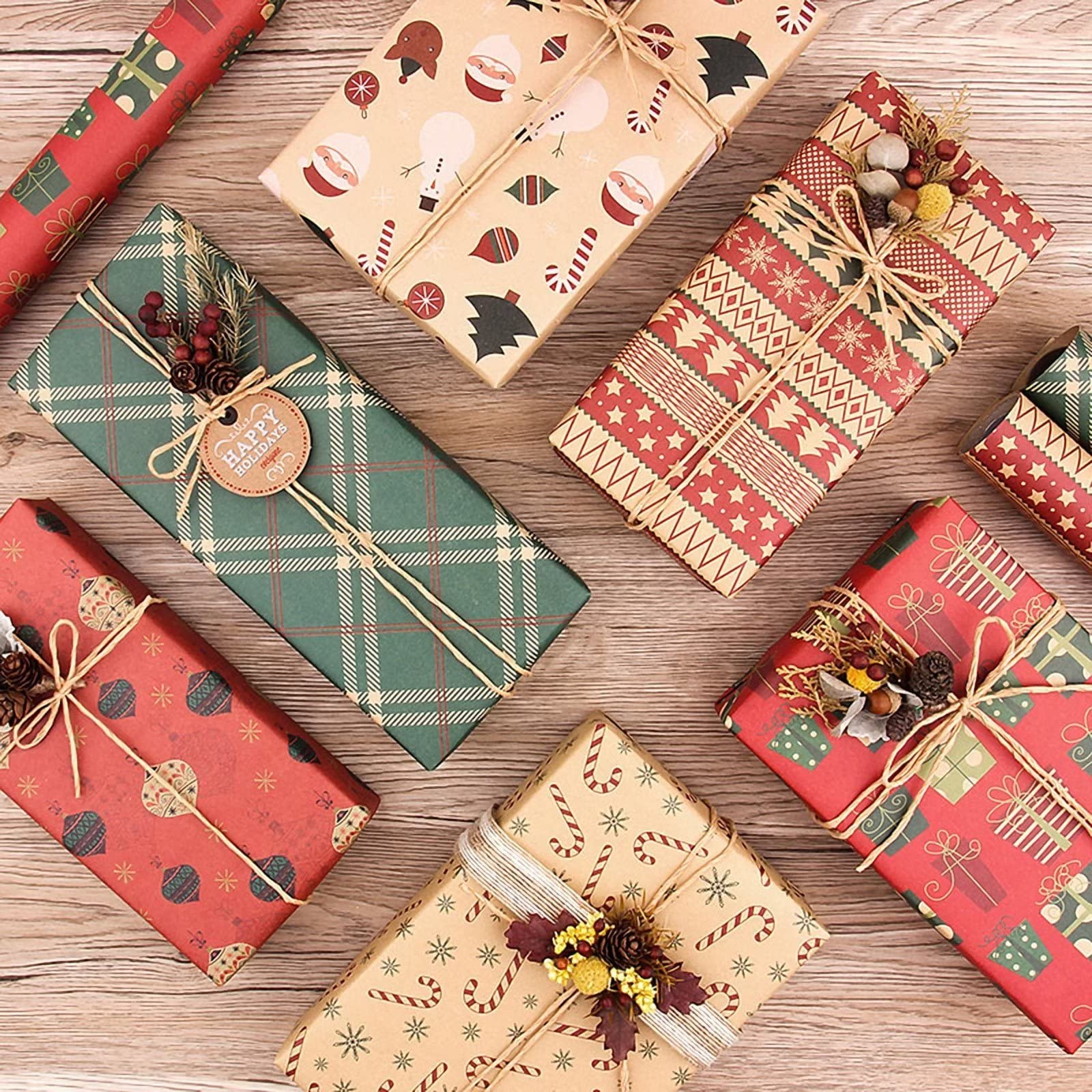 6 Rollen Weihnachts-Geschenkpapier, Kraftpapier, Büffelkariert, Geschenk, Schneeflocke, Ball, Baum, Schneemann, Weihnachtsmann, Geschenkpapier mit Schnur, Aufkleber für Urlaub, Party, 27,6 x 39,3 pro