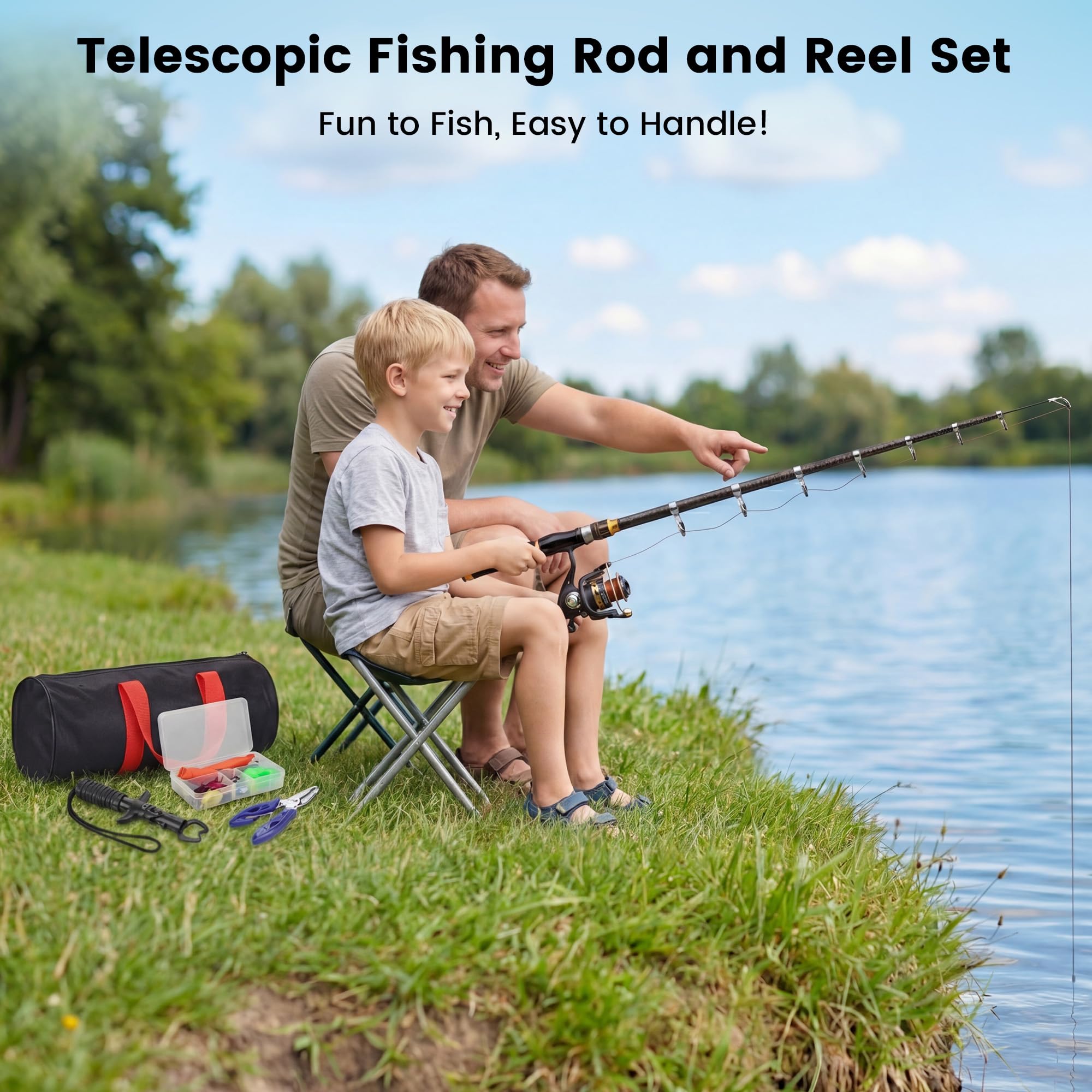 Caña de Pescar para Niños 36-210cm, Caña de Pescar Telescópica con Carrete, Alicates de Pesca, Agarrador de Pescado, Anzuelos y Bolsa, Regalo Ideal para Viajes, Camping y Senderismo Infantil