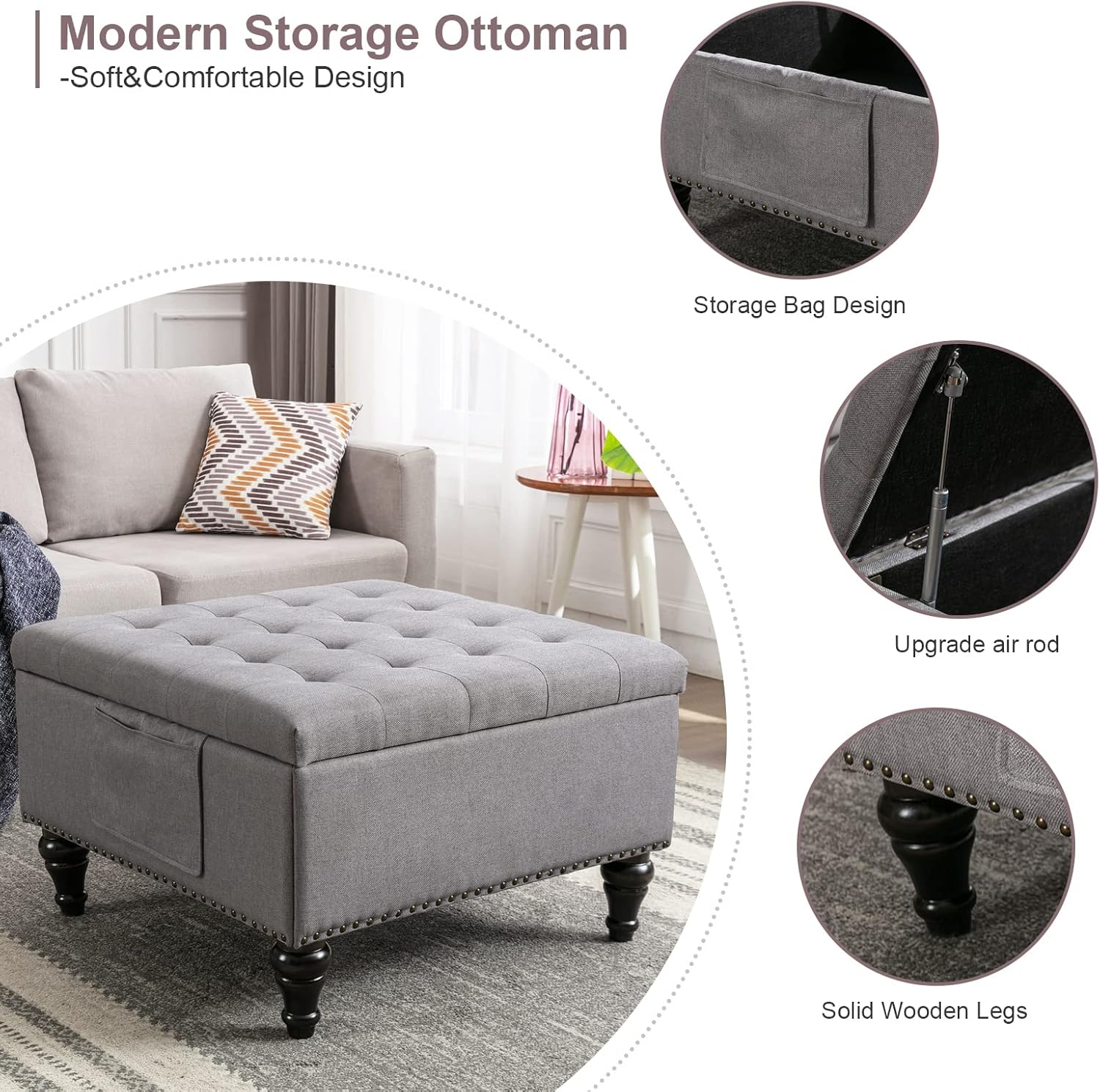 Wide Square Storage Ottoman (Grey) - Image 12