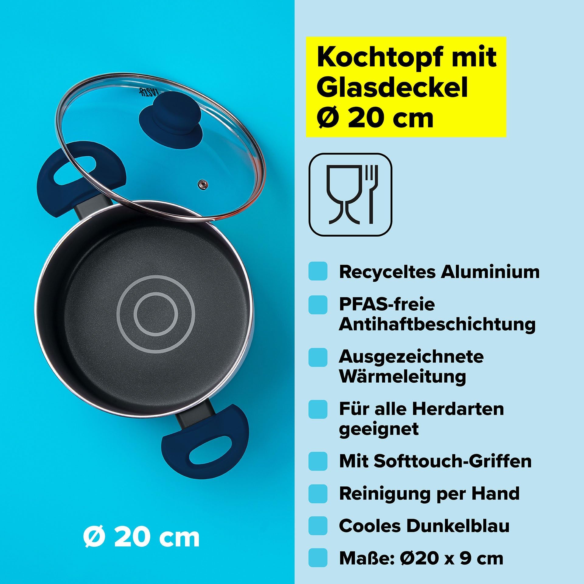 Tasty Antihaft-Kochtopf mit Glasdeckel und Öldosiersystem, 20cm, 3500ml – Gepresstes Aluminium, für alle Herdarten inkl. Induktion, spülmaschinengeeignet, Blau