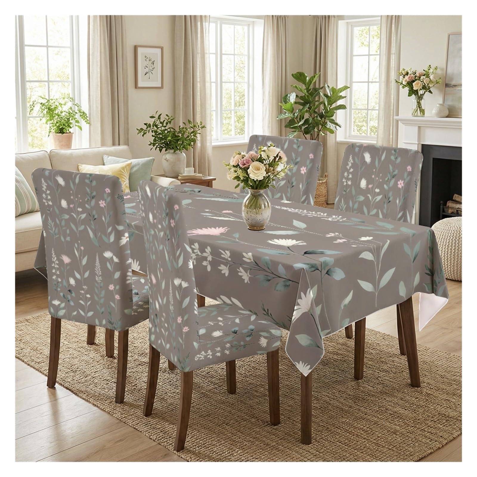 KXUAUV Grey Wildflower Print Stretch Dining Chair Covers Tablecloth Set, For Kitchen Dining Living Room Farmhouse Decor, 5/7 Pack Party Decor(5pcs Set: Tablecloth+Chair Covers)