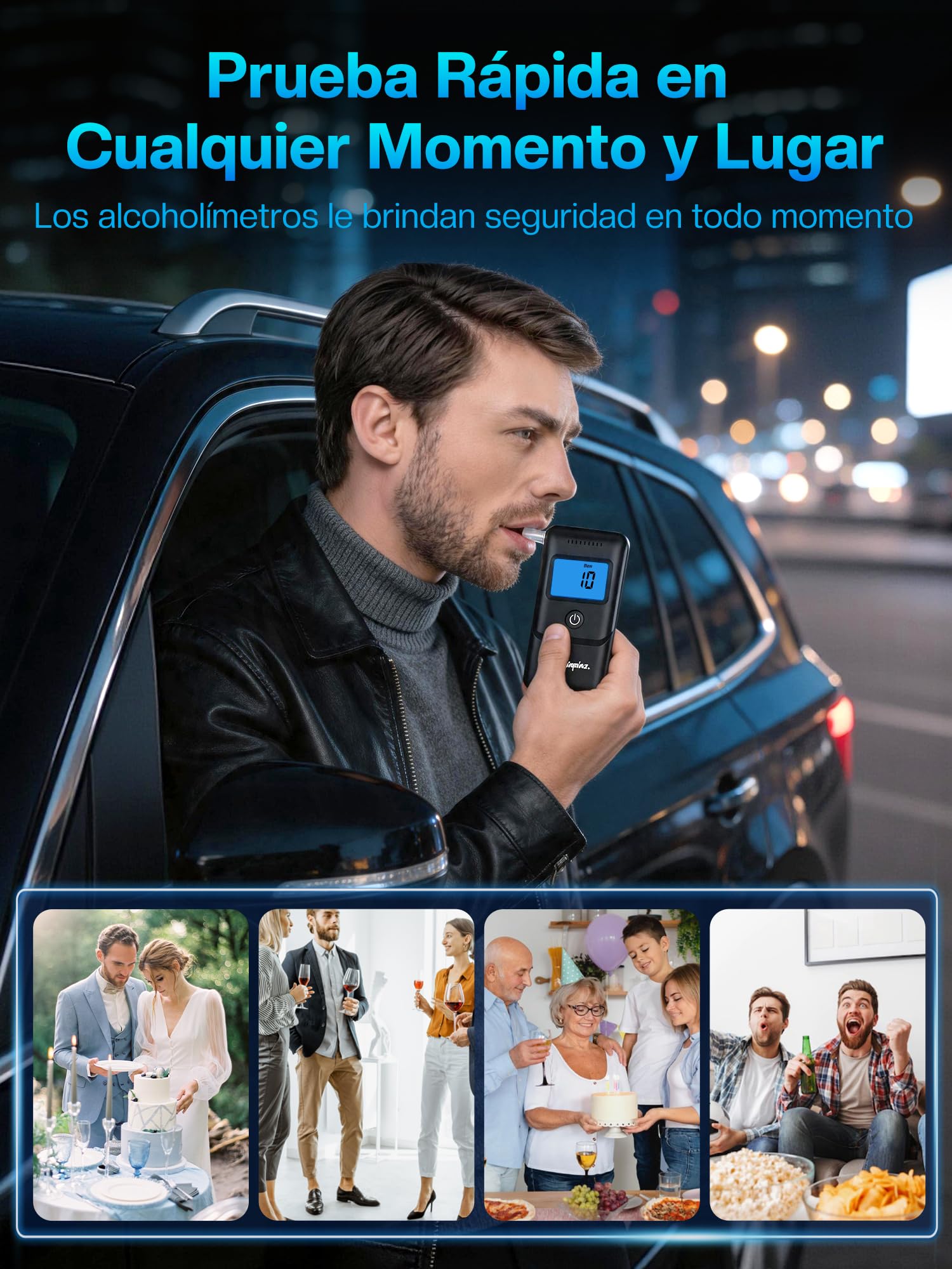 Alcoholímetro Homologado Portátil Alcol Test: Alcoholemia de Alta Precisión con Sensor Rápido - Alcoholímetro Electrónico con Pantalla LCD Azul y 10 Boquillas Reutilizables para Uso Personal Familiar