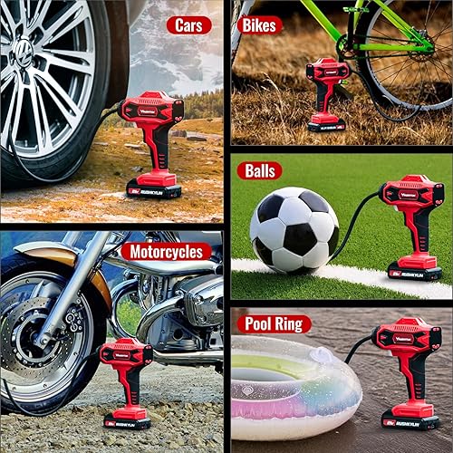 Miniatura 7 de RUSHKYLIN Inflador de neumáticos inalámbrico, compresor de aire portátil, bomba de aire de 160 PSI con adaptador de corriente de 12 V, bomba de