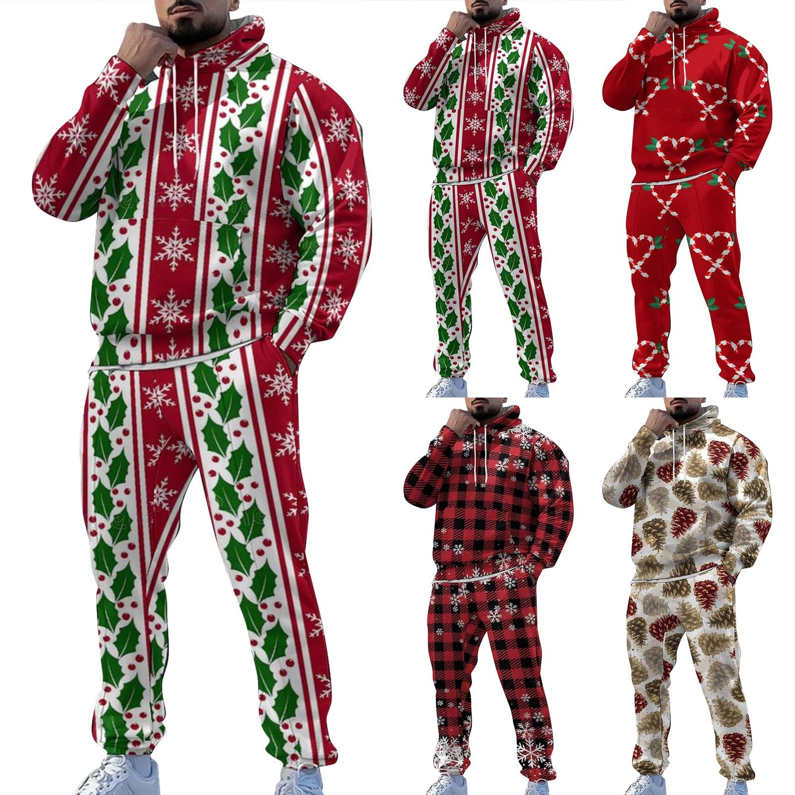 Conjunto de 2 piezas de Navidad para hombre, divertido chándal de Papá Noel de gran tamaño, sudadera de manga larga con capucha y pantalones deportivos, conjuntos de correr, para vacaciones, gimnasio