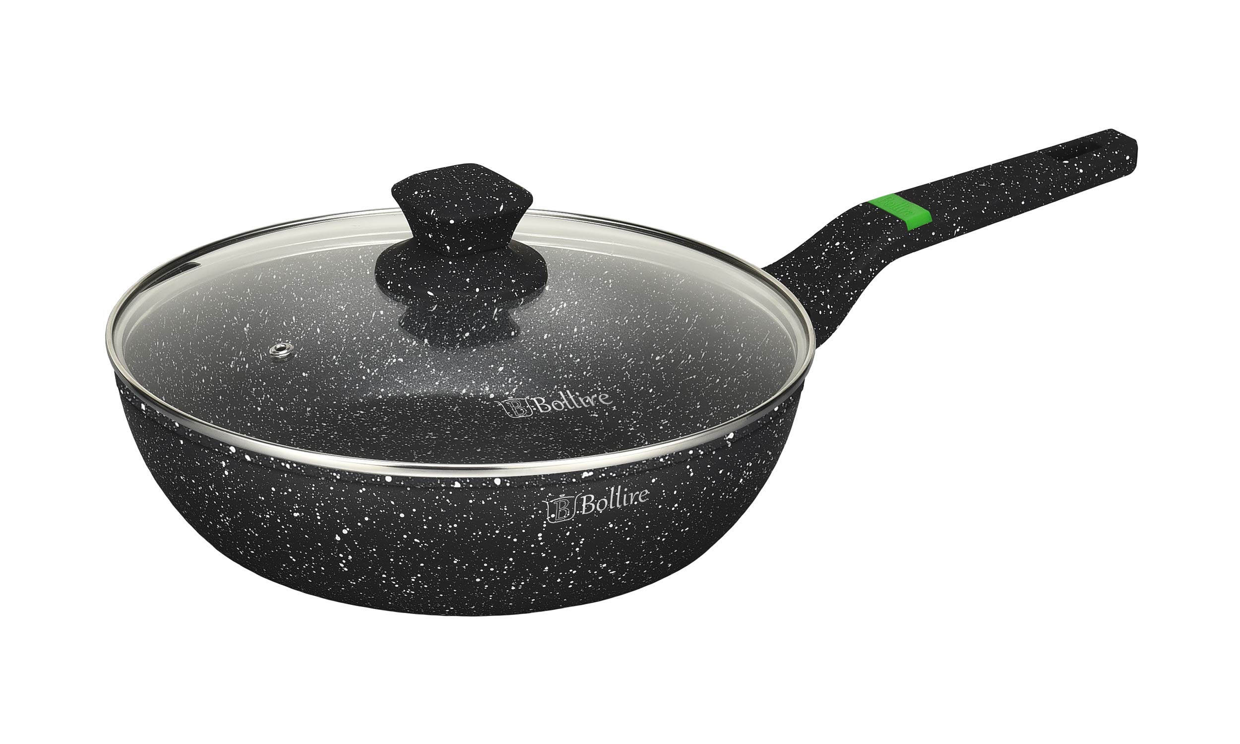 B Bollire Black Bollire Marble Stone Venezia Frying Pan With Lid, Forged Aluminium With Non-Stick Coating, Suitable For All Hobs Suitable For Induction Soft-Touch Handle (Diameter 28 Cm X Height)