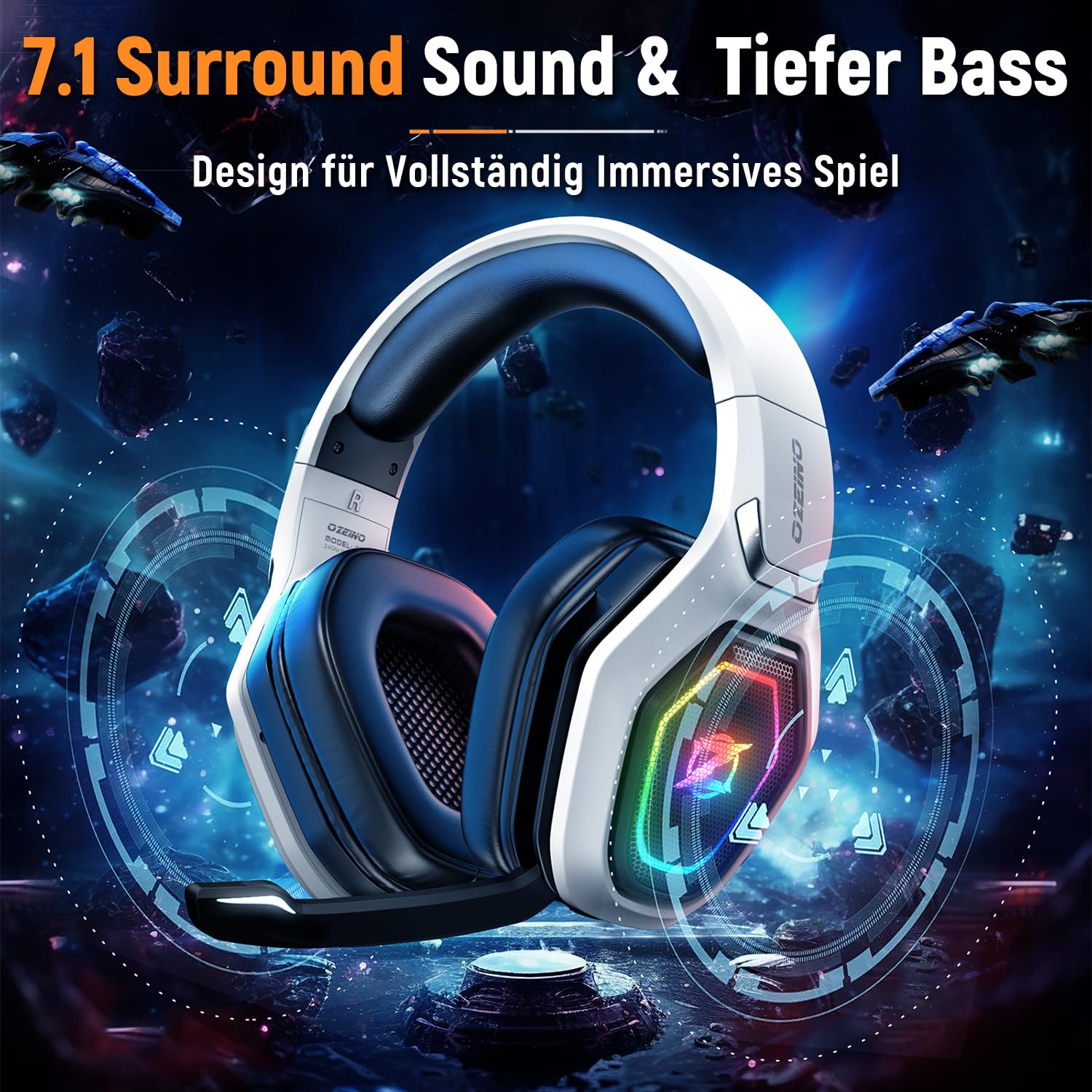 Ozeino OW810 Gaming Headset 40h Akku 2.4GHz+BT 7.1 Surround Sound Wireless Headset Mit Mikrofon für PS5/PS4/Switch Mac Kristallweiß