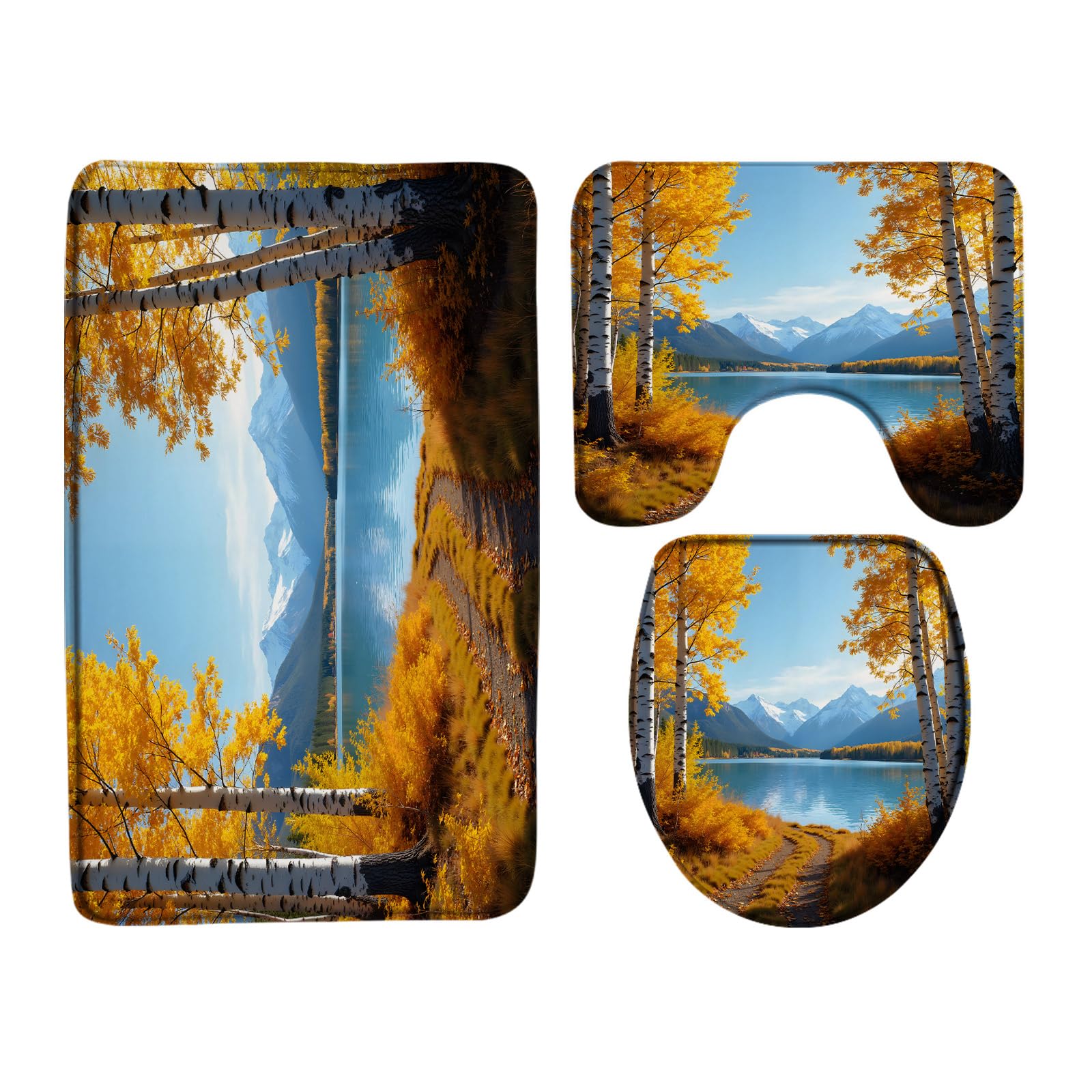 AYDSMYD 3 Piece Fall Forest Bath Mat Autumn Brich Tree Lake Mountain Nature Outdoor Landscape Bathroom Bathtub Floor Rugs Absorbent Doormat Toilet Decor