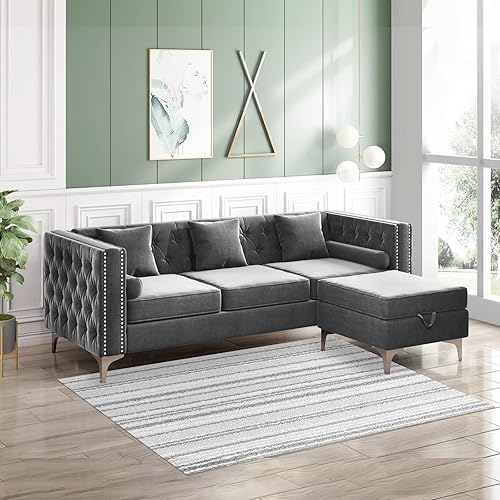 Mjkone Convertible Sectional Sofa for Living Room, Velvet Upholstered L-Shaped Sofa with Throw Cushion & Bolster Cushion, Ottoman for Storage, Button Tufted & Nailhead Trim for Apartment - Grey