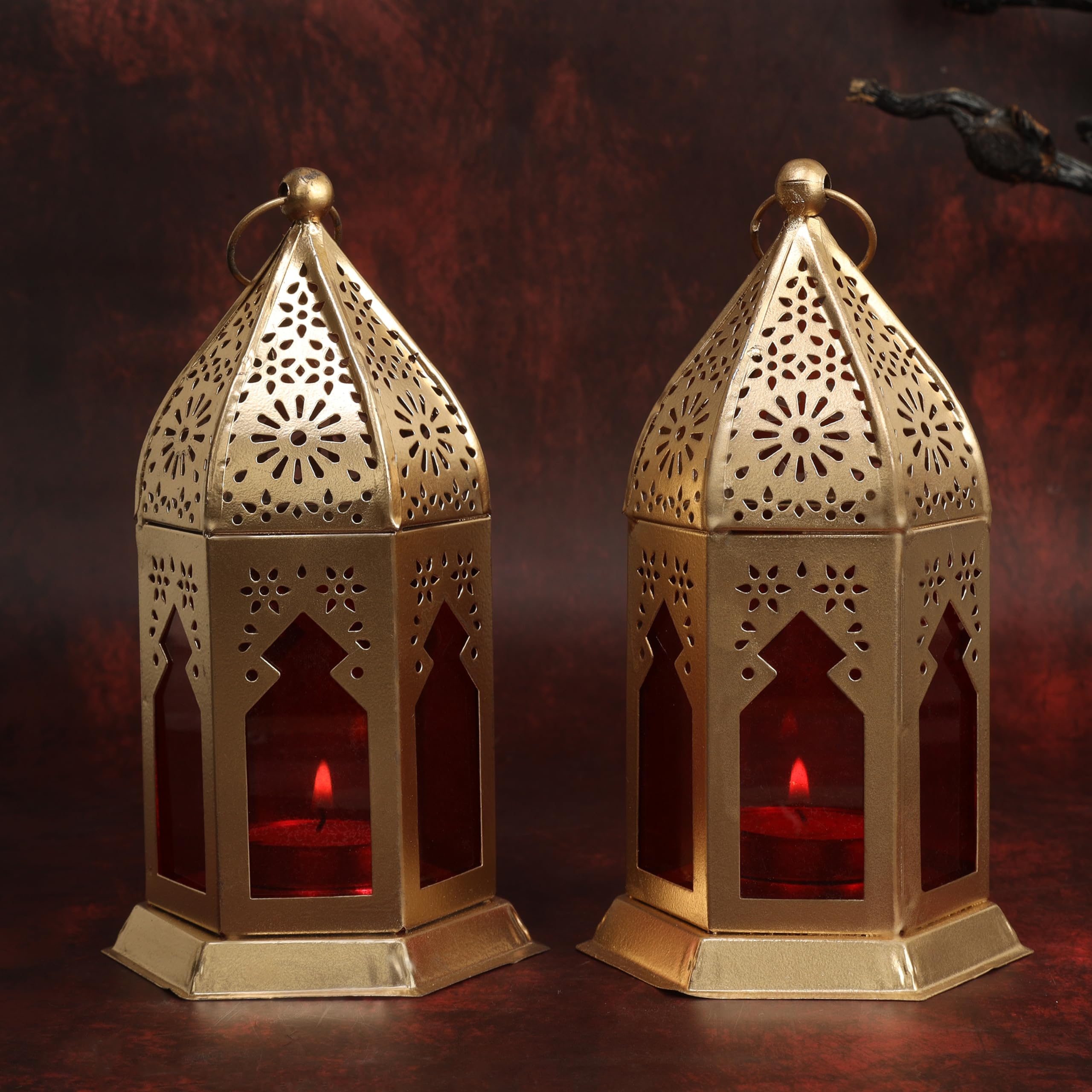 Decmart Tealight Candle Holder Lantern Moroccan Lights Lamp Gold/Red Color Metal Iron Lantern Tea Light Holders Set of 2 for Home/Hanging T-Light Holders for Diwali Decoration with Candle Free-image-9