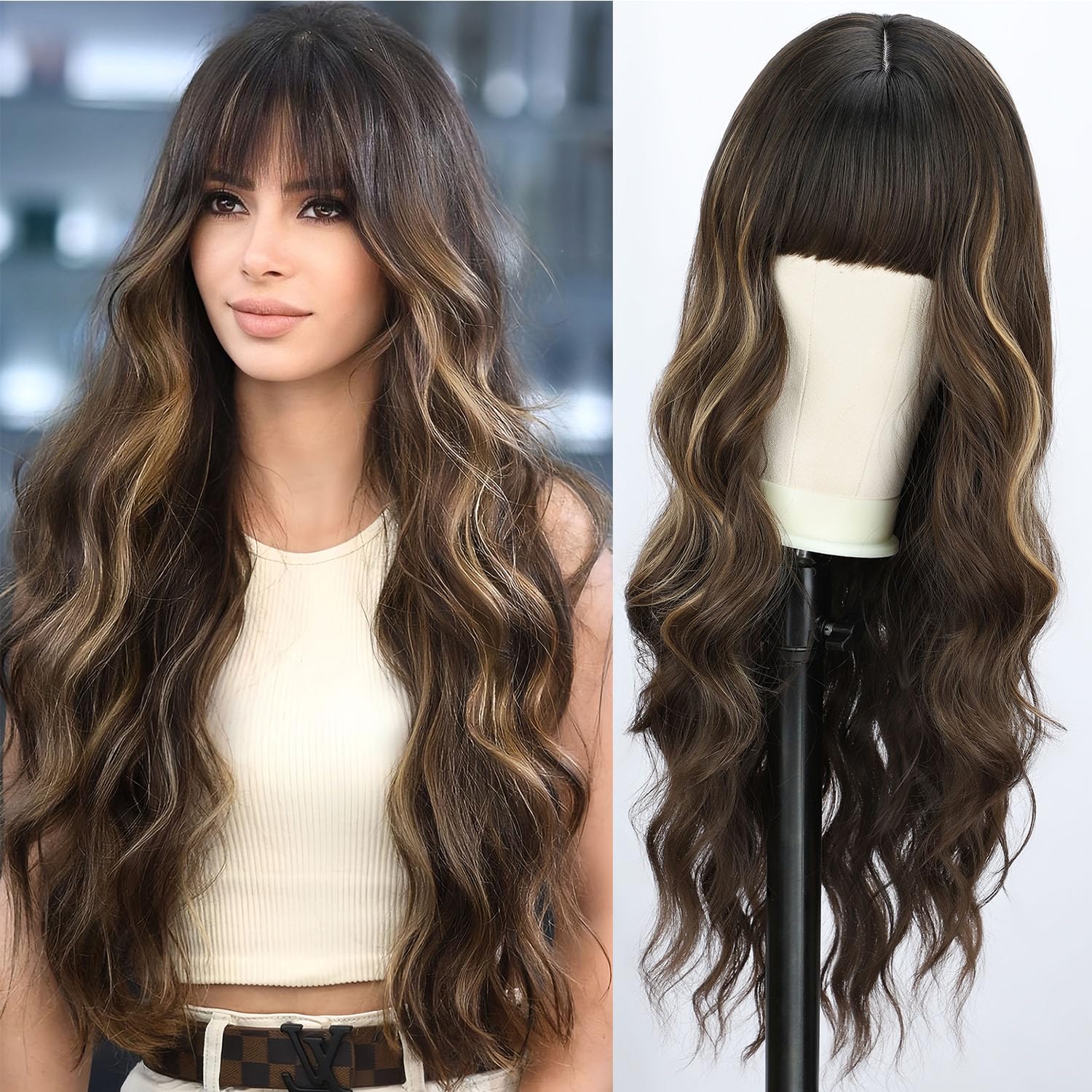 Photo 1 of BOGSEA Brown Wigs with Bangs Long Wavy Wig for Women Brown Highlights Wigs with Bangs Synthetic Heat Resistant Fiber Wigs for Daily 26 Inch